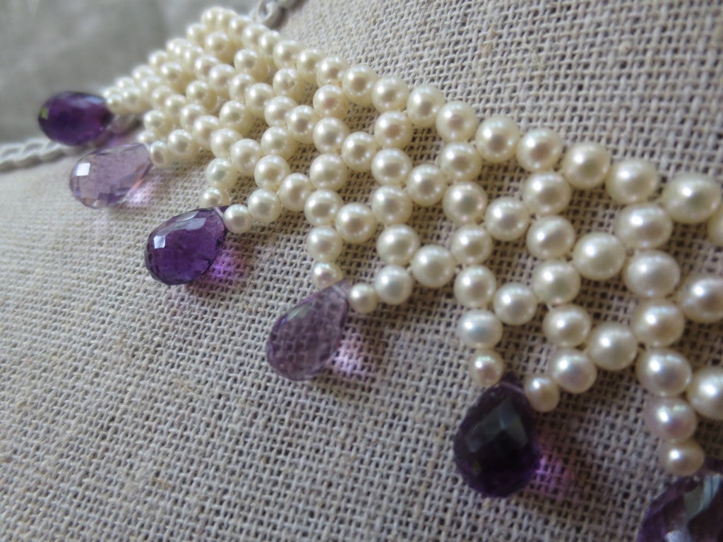 Bead Marina J Woven Pearl Necklace with Faceted Amethyst Briolettes & 14K Gold Clasp 
