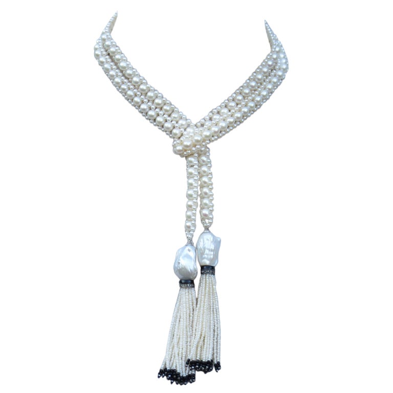 Marina J Woven Pearl Sautoir with Baroque Pearls and Onyx Beads and Diamonds