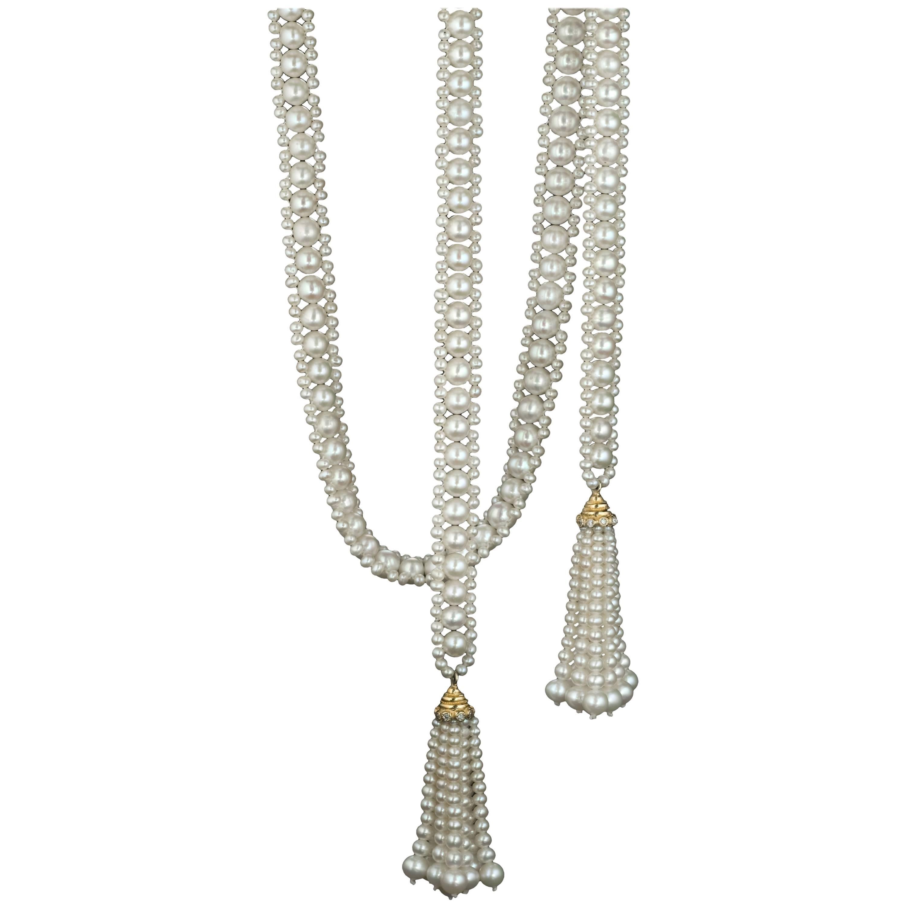 Marina J Woven Pearl Sautoir with 14K Yellow Gold, Diamond Cup & Pearl Tassels  For Sale