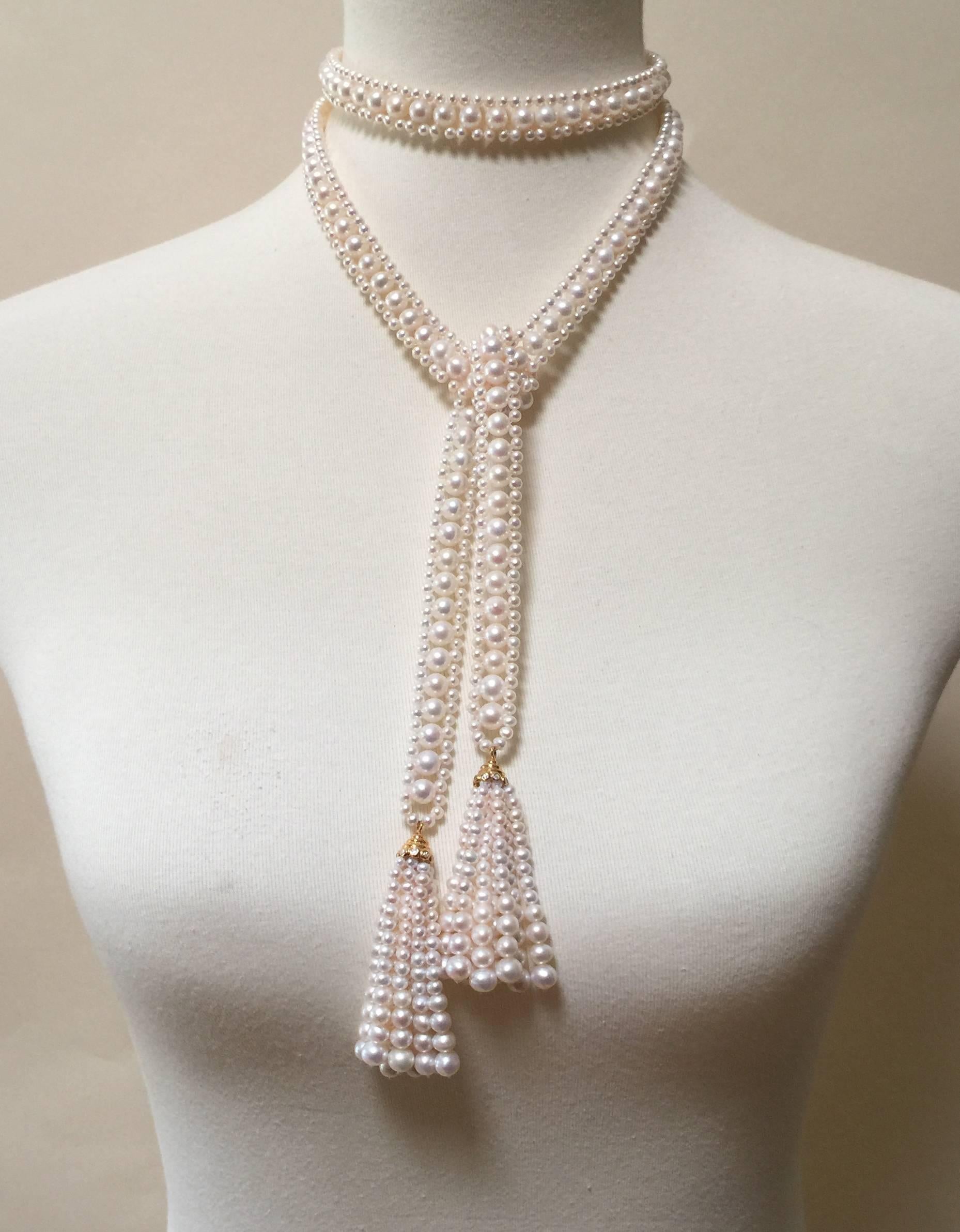 This dazzling woven pearl sautoir has an intricate rope like design with 2mm and 6mm pearls. A classic and timeless piece has a variety of wearable options at 48.5 inches long, including adding one's own brooches and family herilooms. The tassel