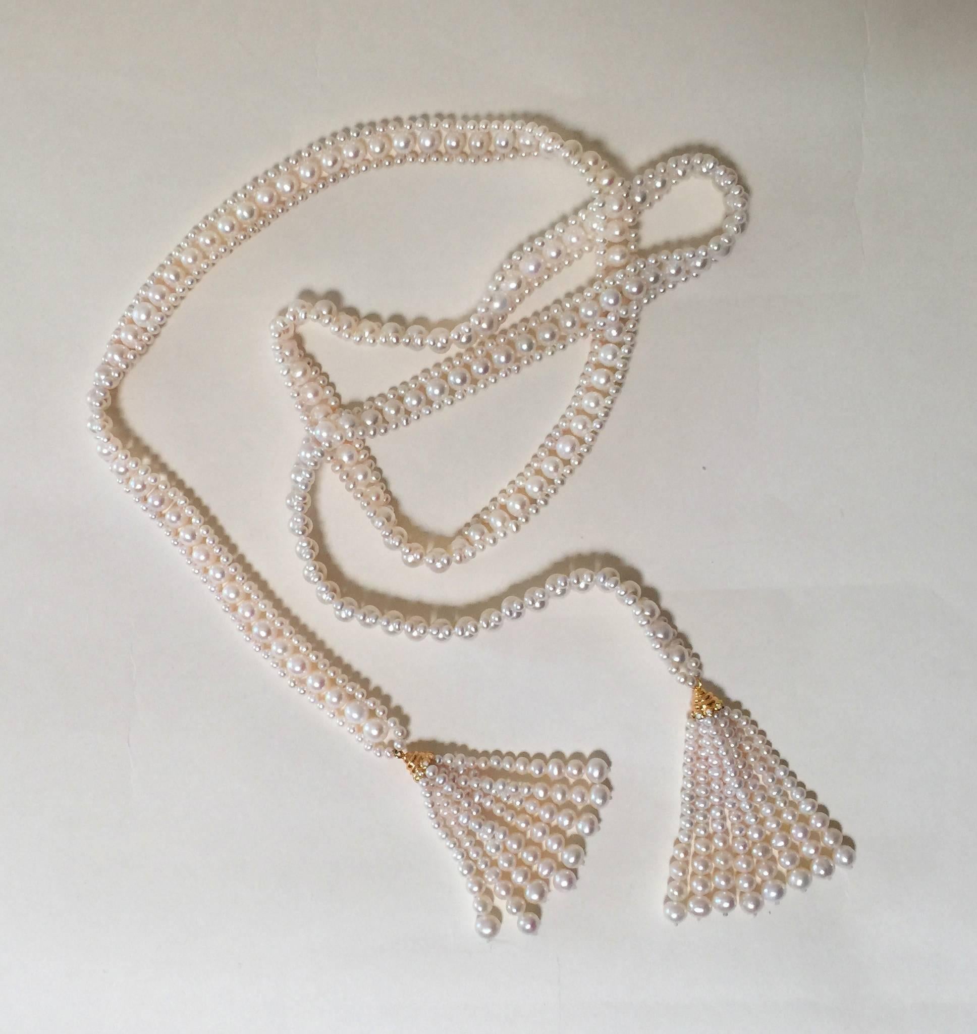 Artist Marina J Woven Pearl Sautoir with 14K Yellow Gold, Diamond Cup & Pearl Tassels  For Sale