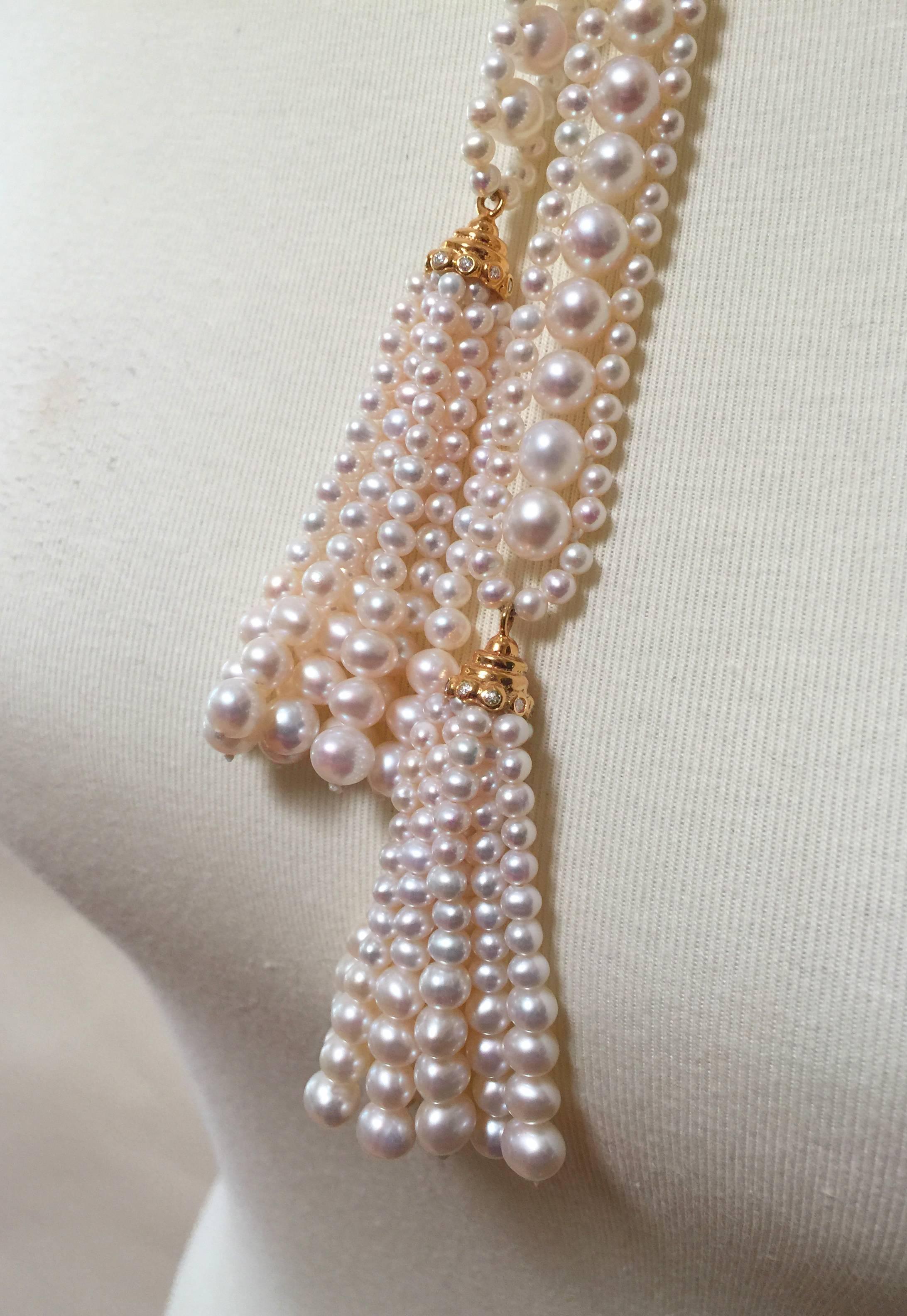 Marina J Woven Pearl Sautoir with 14K Yellow Gold, Diamond Cup & Pearl Tassels  In New Condition For Sale In Los Angeles, CA
