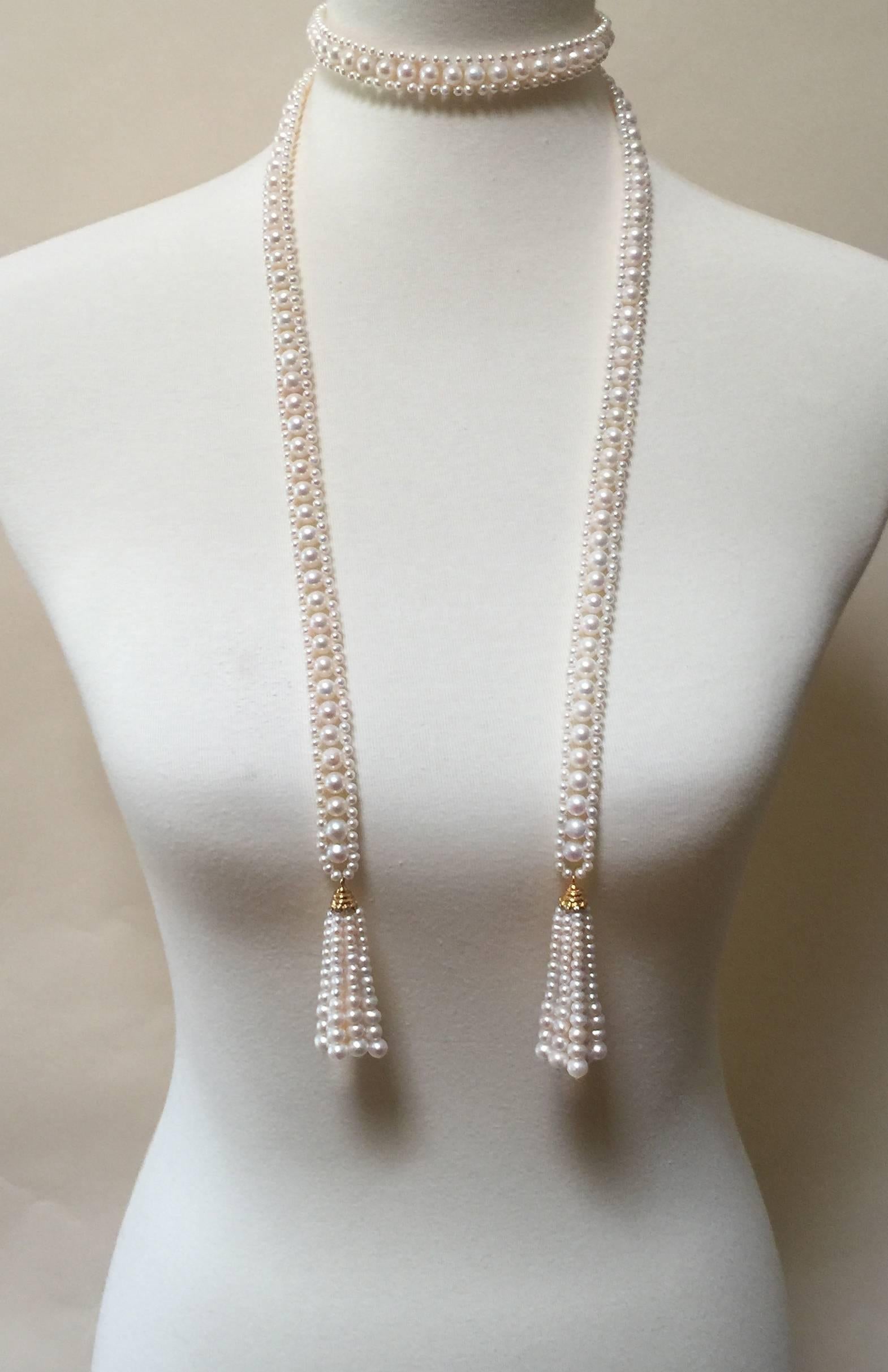 Marina J Woven Pearl Sautoir with 14K Yellow Gold, Diamond Cup & Pearl Tassels  For Sale 2