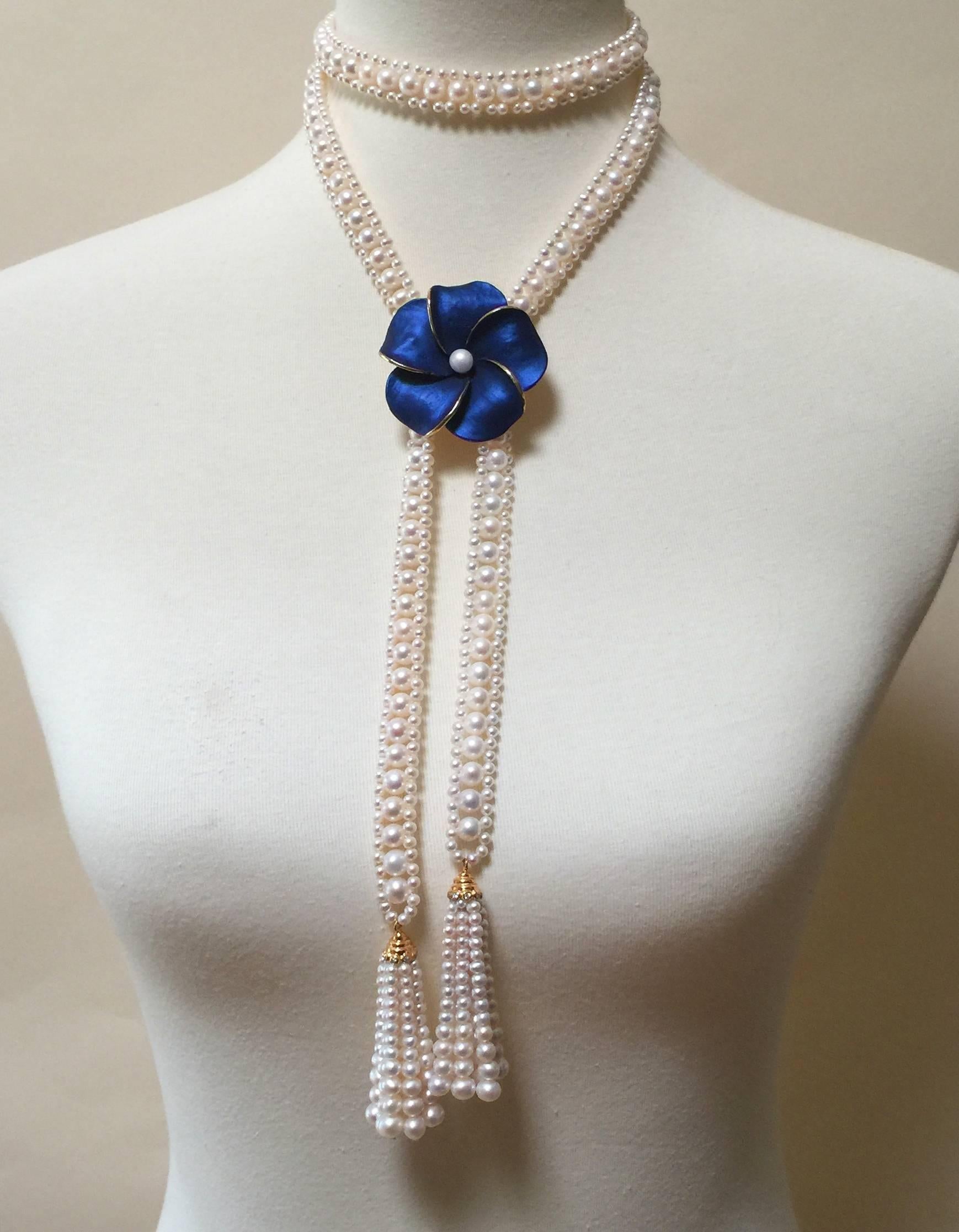 Marina J Woven Pearl Sautoir with 14K Yellow Gold, Diamond Cup & Pearl Tassels  For Sale 4
