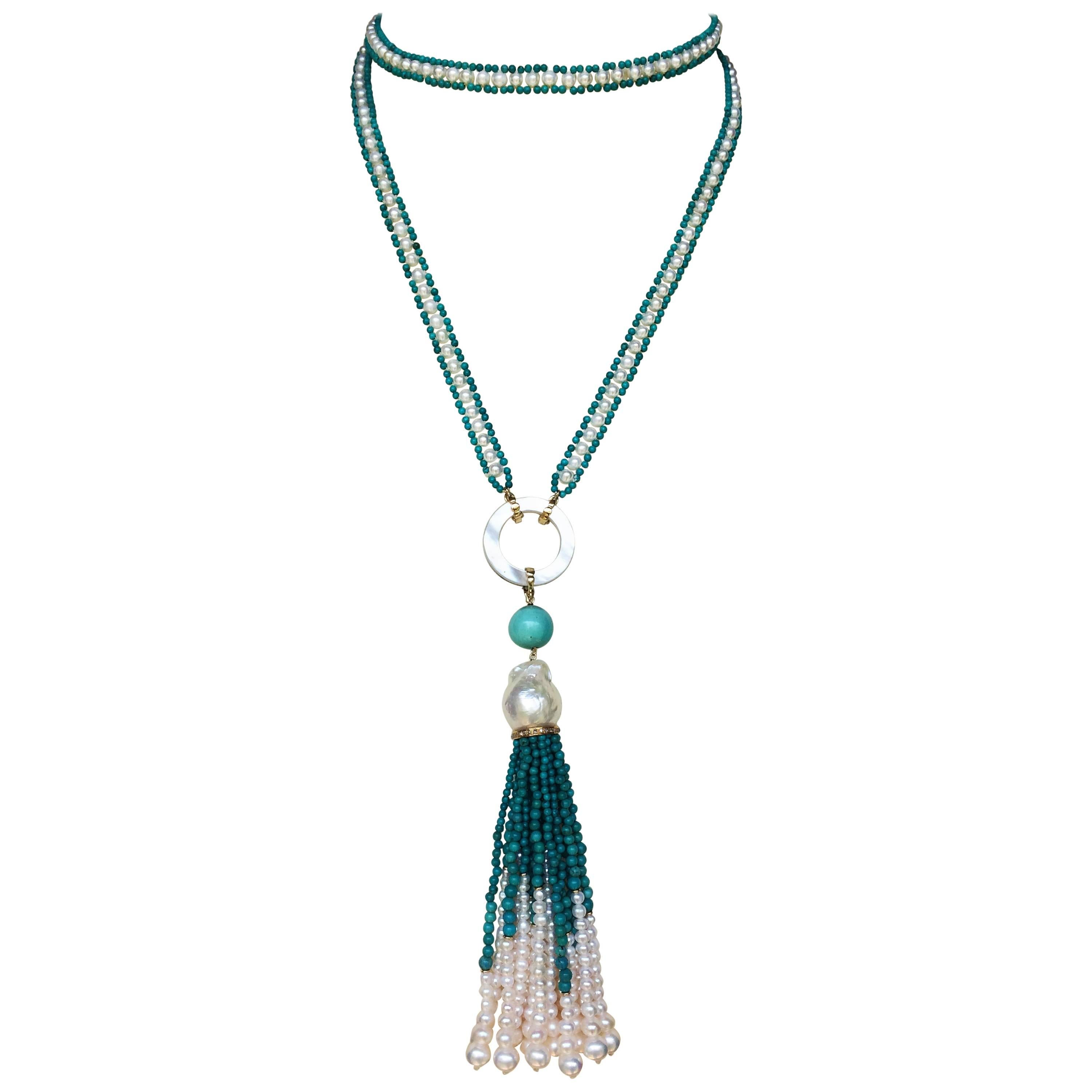 Turquoise White Pearl Tassel Sautoir with Mother of Pearl and 14 Karat Gold