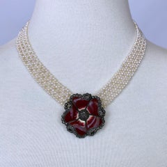 Marina J Woven 'V' Shaped Pearl Necklace with Vintage Brooch