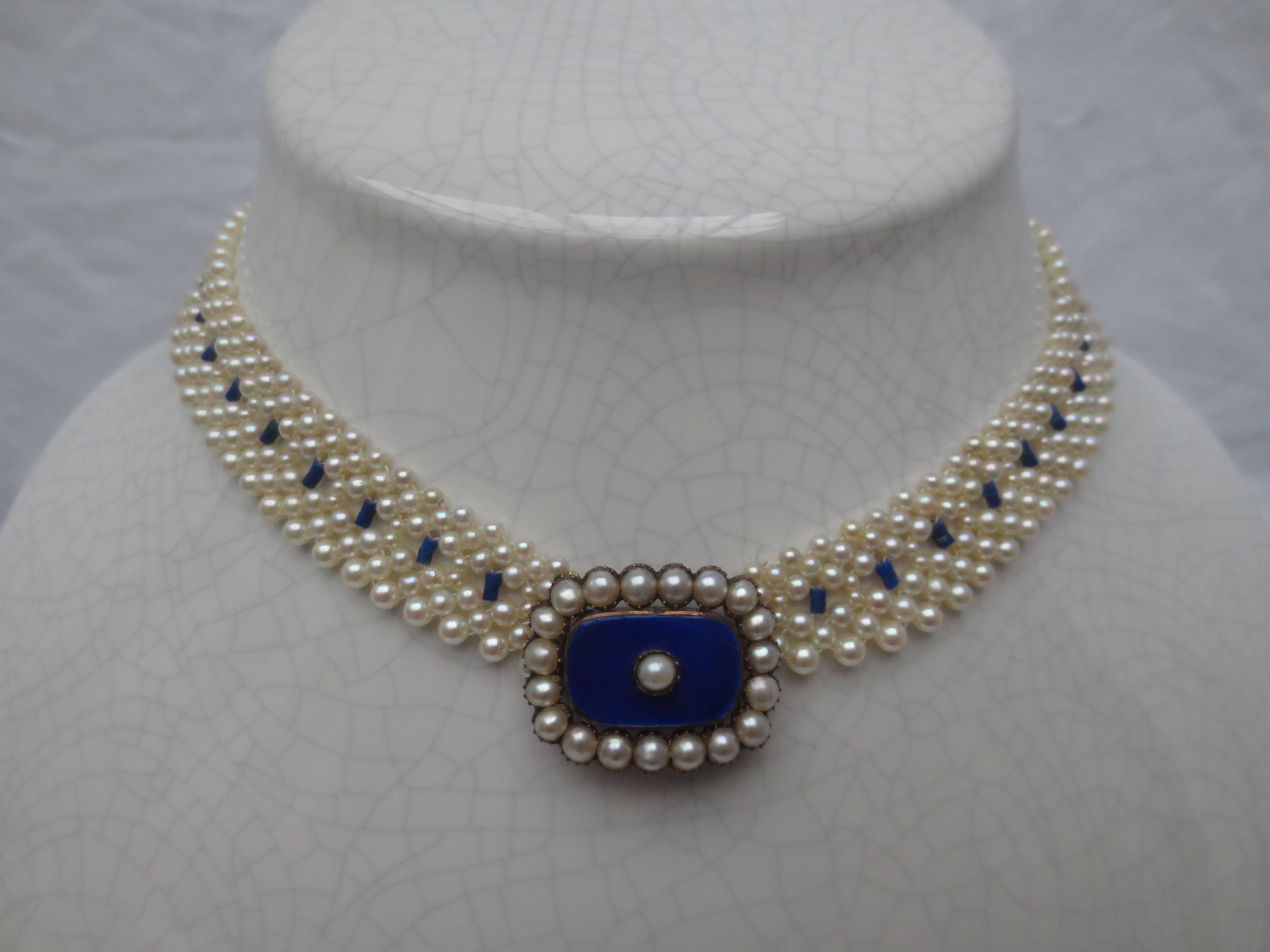 Women's Pearl, Lapis Lazuli, and Bue Enamel Necklace with Pearl and 14k Gold Clasp