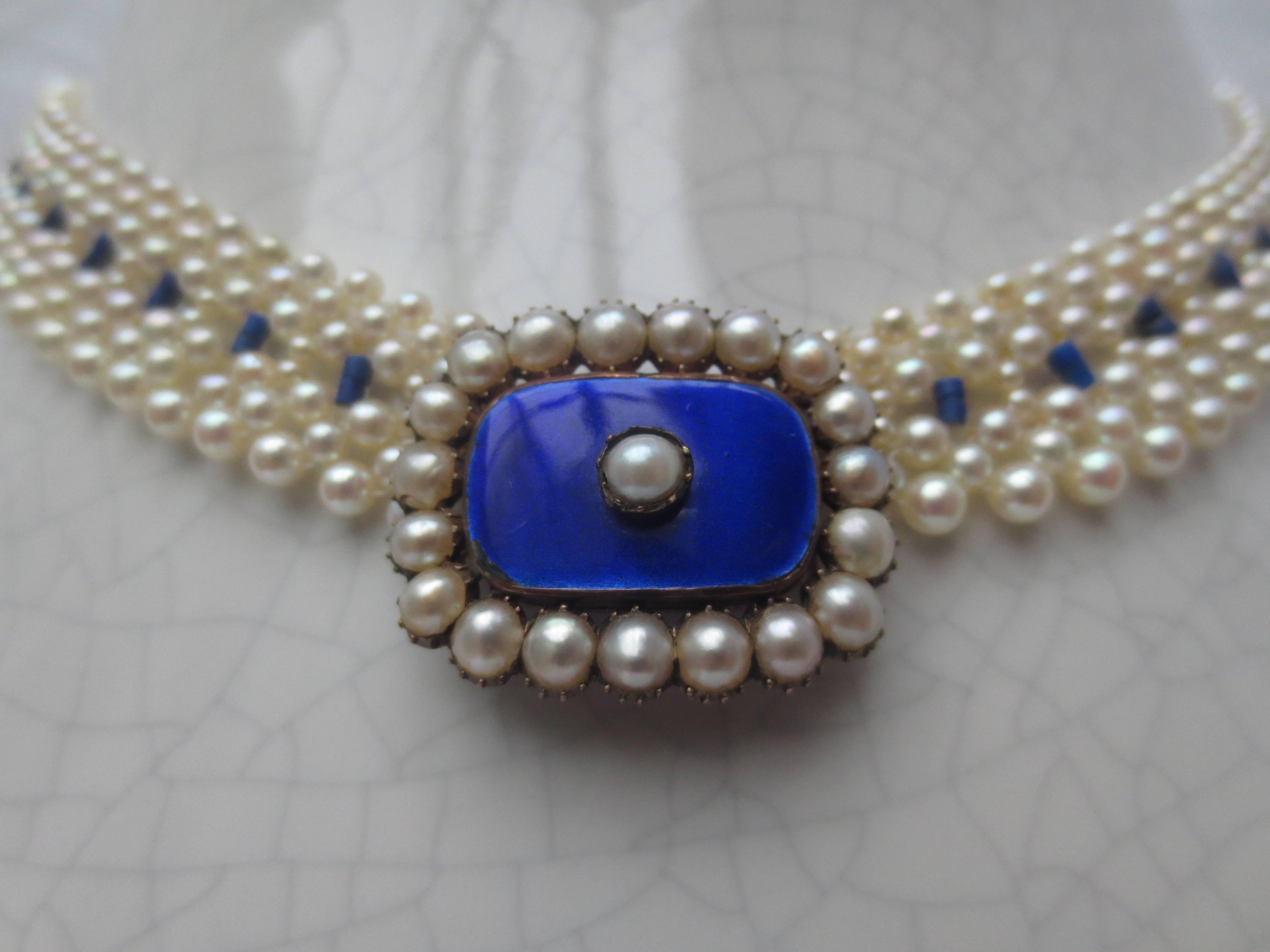 Pearl, Lapis Lazuli, and Bue Enamel Necklace with Pearl and 14k Gold Clasp 1