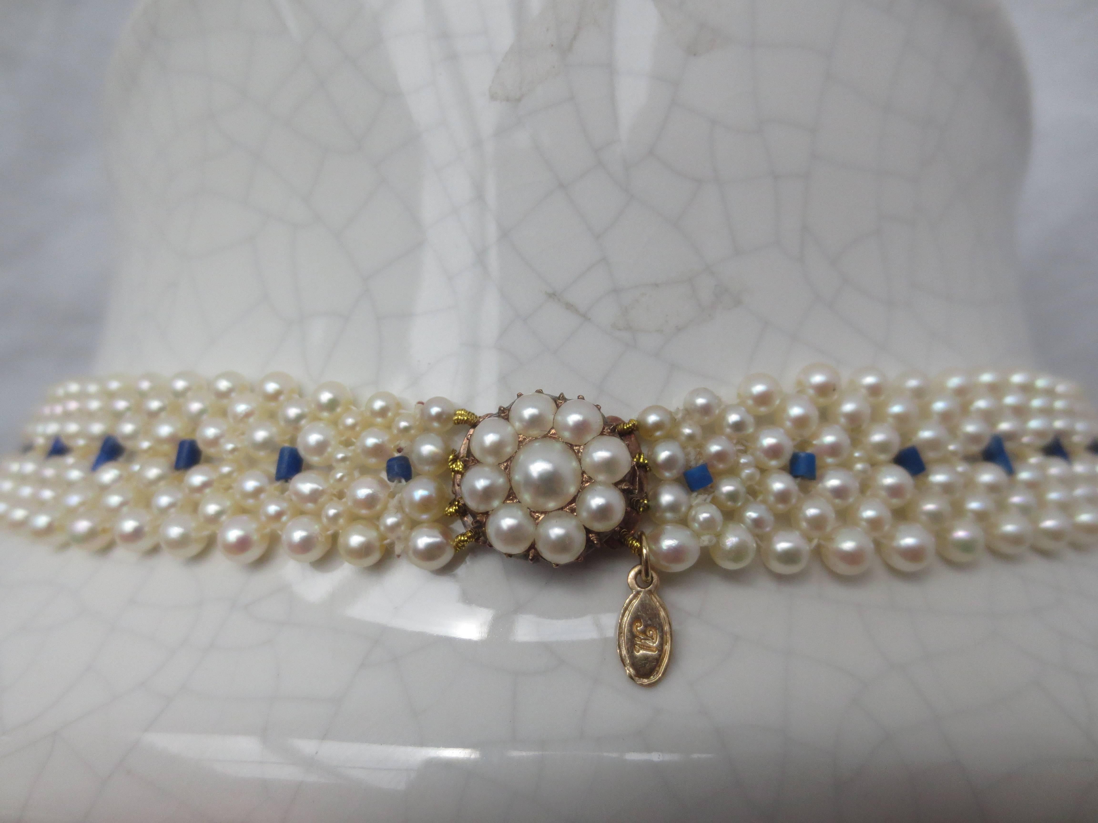 Pearl, Lapis Lazuli, and Bue Enamel Necklace with Pearl and 14k Gold Clasp 3