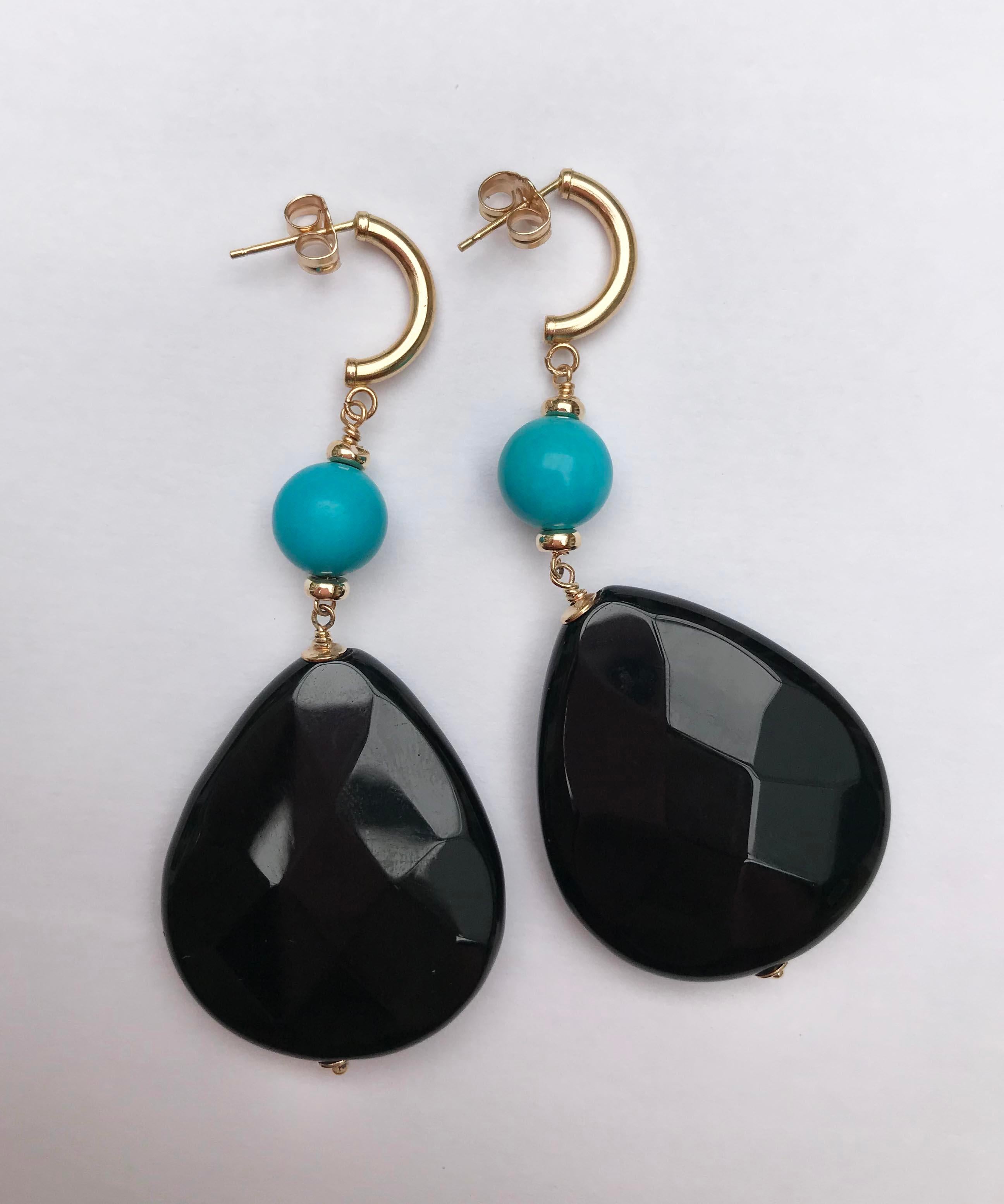 Artist Marina J Turquoise and Onyx Earrings with 14 Karat Yellow Gold ear Studs