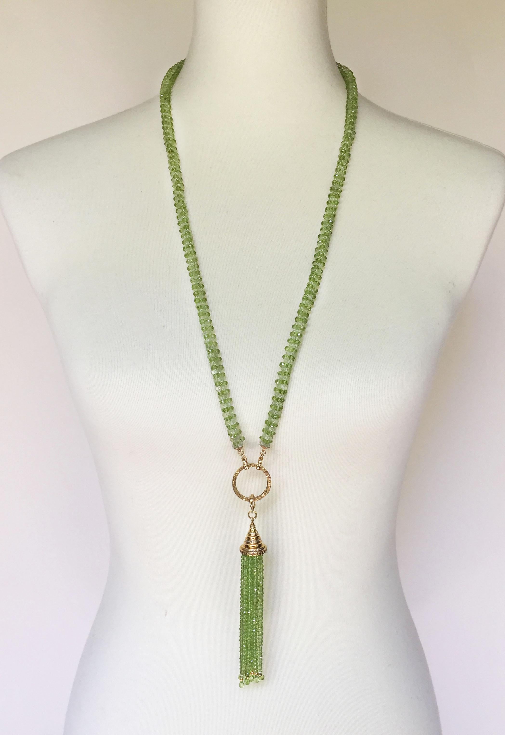 Artist Peridot Tassel Rope Necklace with 14k Yellow Gold, Gold Plated Cup, and Diamonds