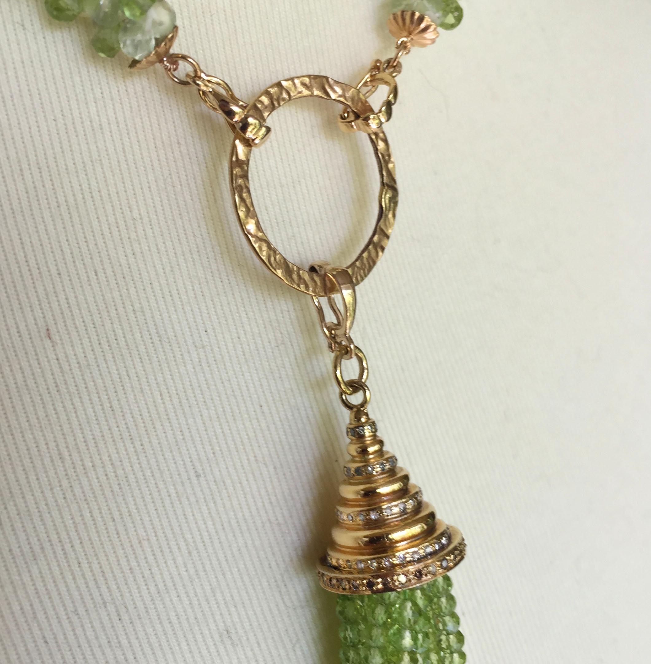 Peridot Tassel Rope Necklace with 14k Yellow Gold, Gold Plated Cup, and Diamonds 1