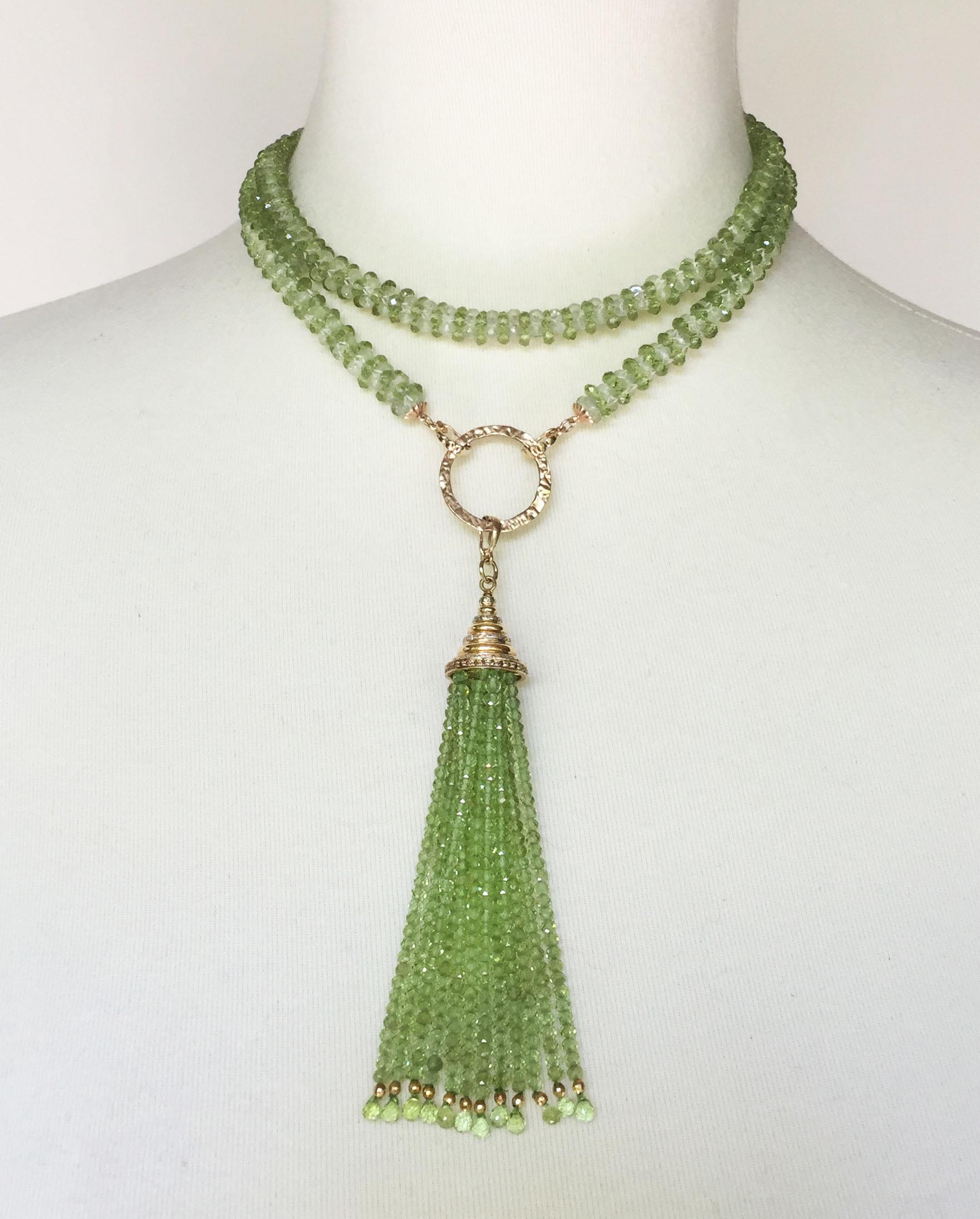 Peridot Tassel Rope Necklace with 14k Yellow Gold, Gold Plated Cup, and Diamonds In New Condition In Los Angeles, CA