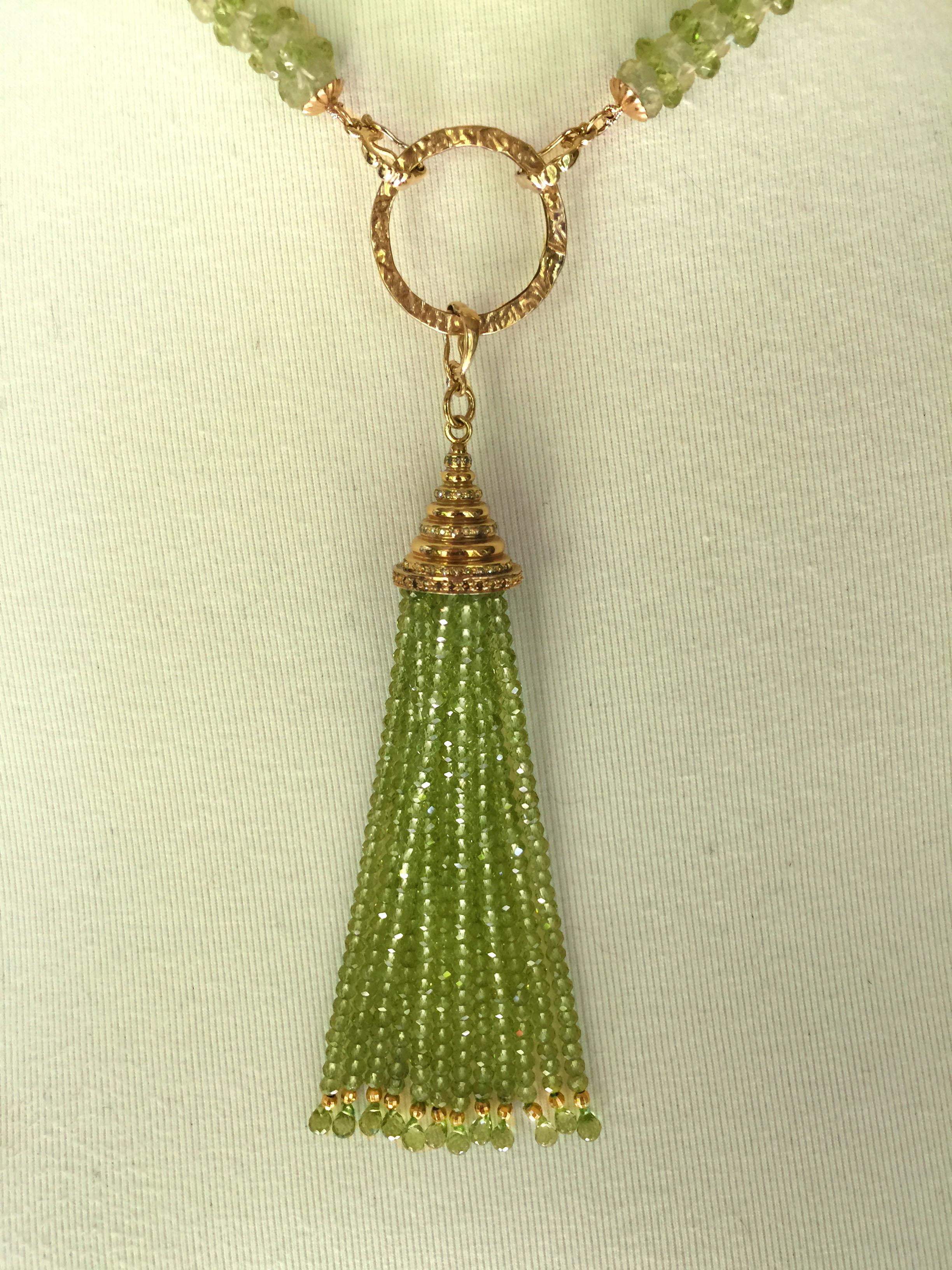 Women's Peridot Tassel Rope Necklace with 14k Yellow Gold, Gold Plated Cup, and Diamonds