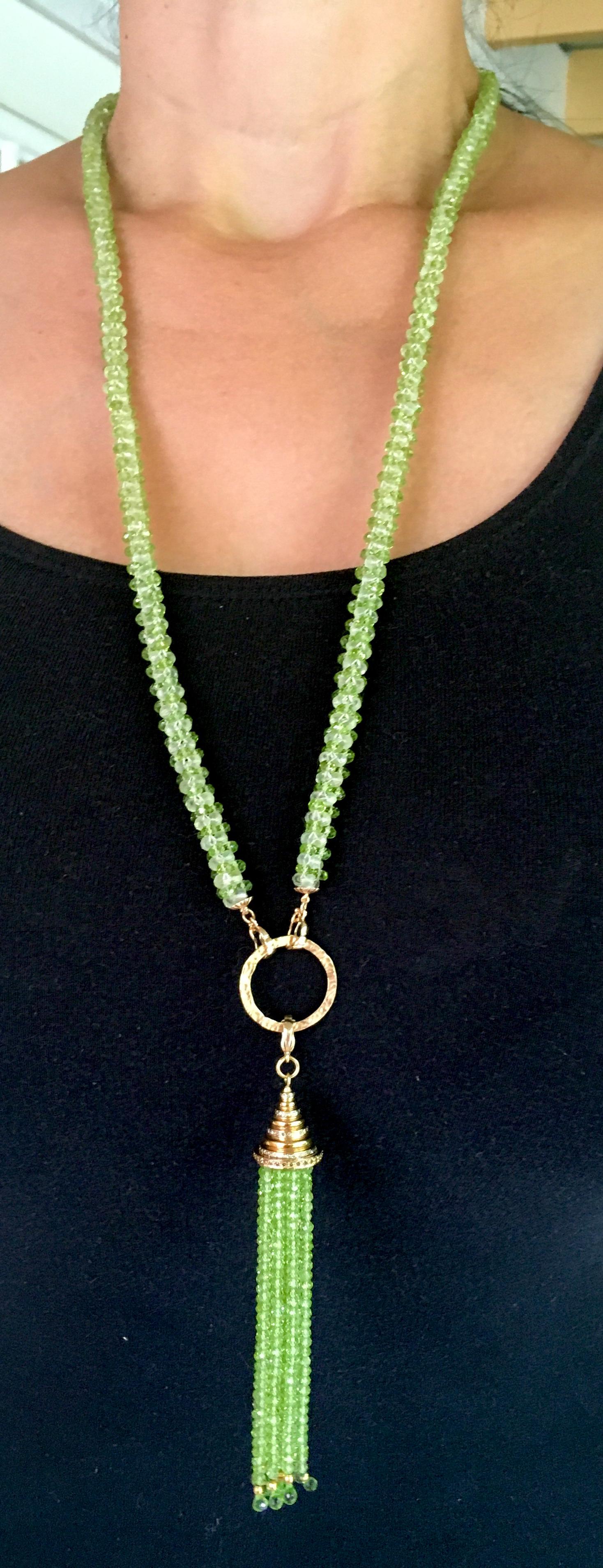 Peridot Tassel Rope Necklace with 14k Yellow Gold, Gold Plated Cup, and Diamonds 6
