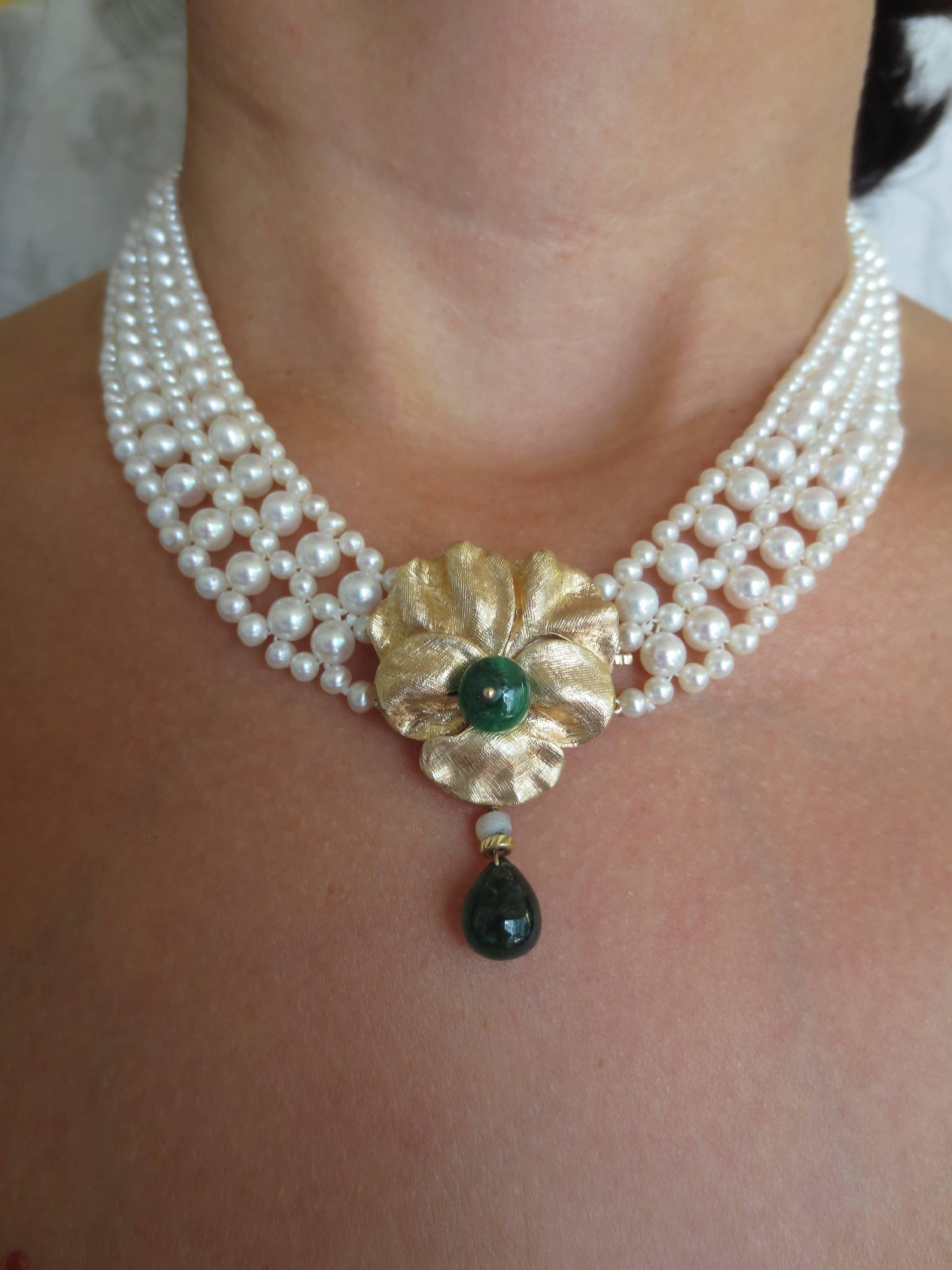 Marina J. Unique Woven Pearl Necklace with Emeralds & 14K Yellow Gold Clasp 3