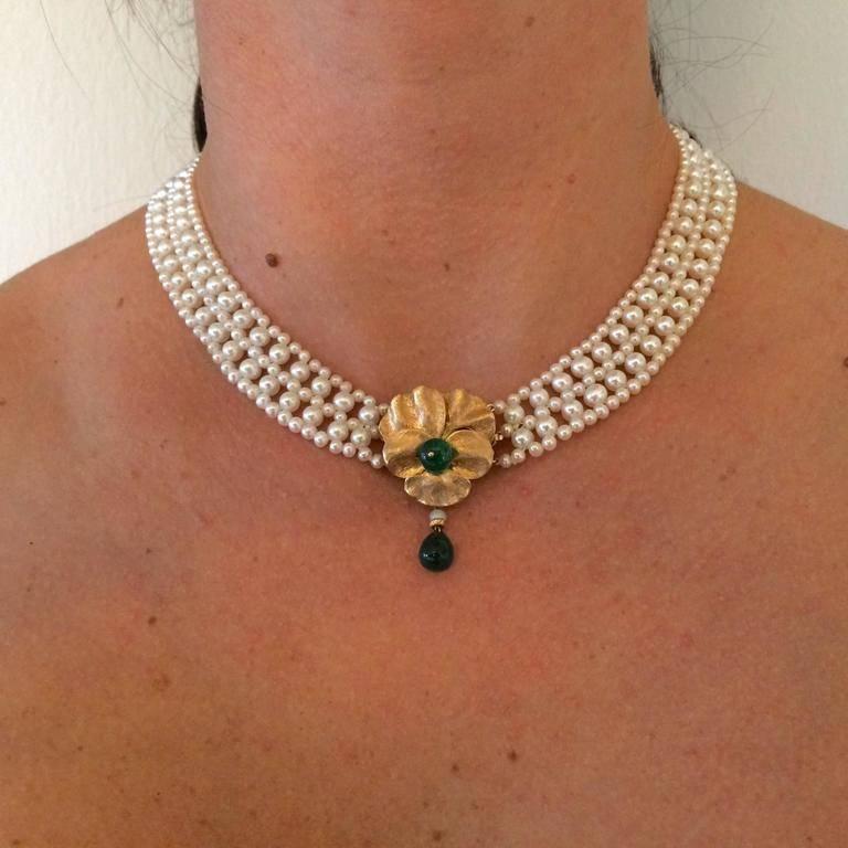 Marina J. Unique Woven Pearl Necklace with Emeralds & 14K Yellow Gold Clasp 1