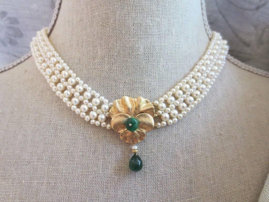 Bead Marina J. Unique Woven Pearl Necklace with Emeralds & 14K Yellow Gold Clasp