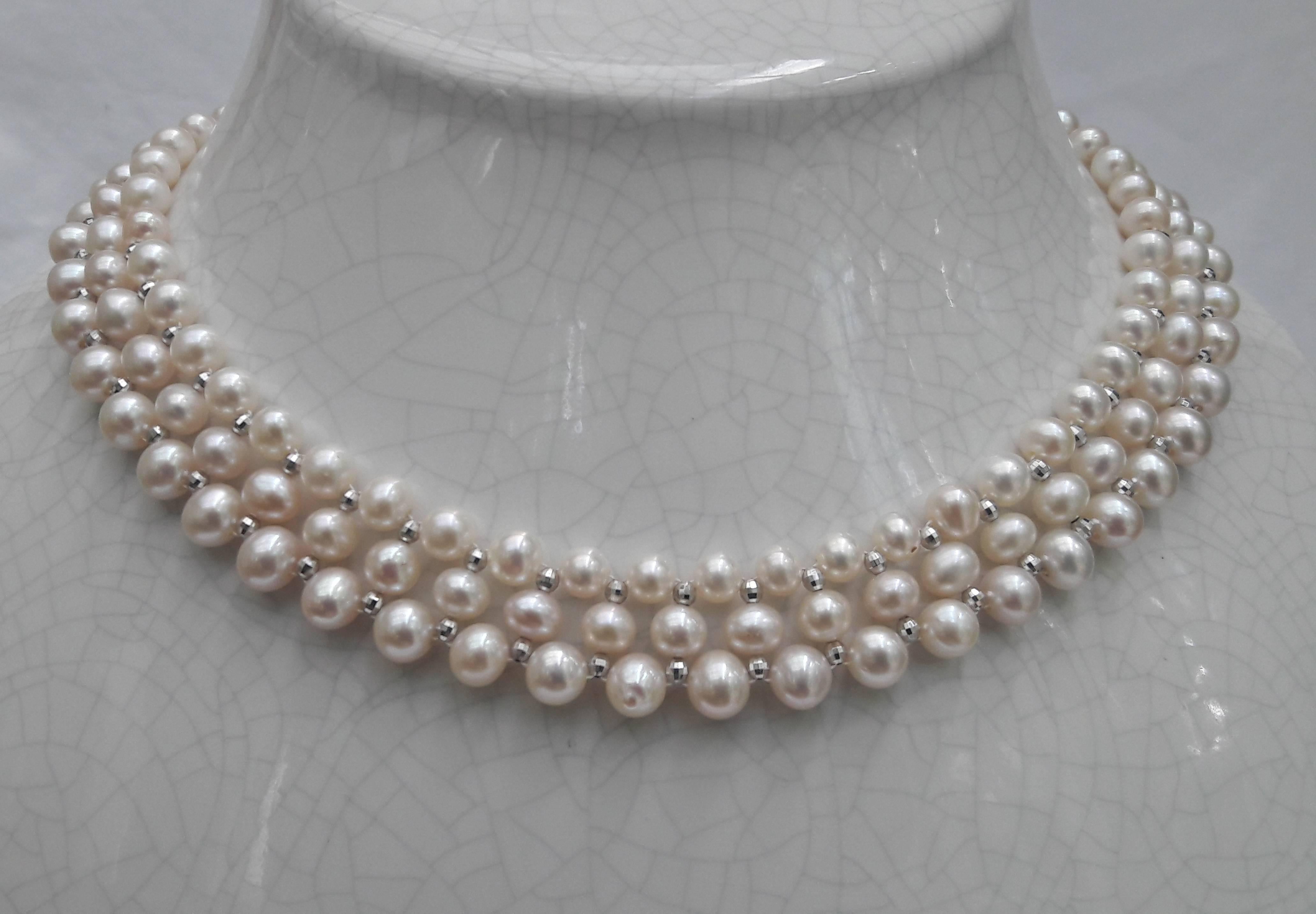 Marina J Woven Pearl Necklace with White Gold Faceted Beads and Sliding  Clasp In New Condition In Los Angeles, CA