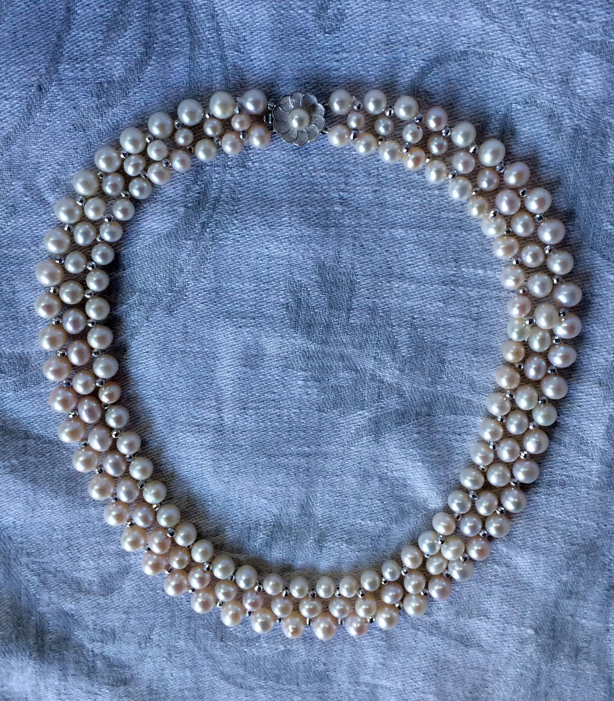 Marina J Woven Pearl Necklace with White Gold Faceted Beads and Sliding  Clasp 1
