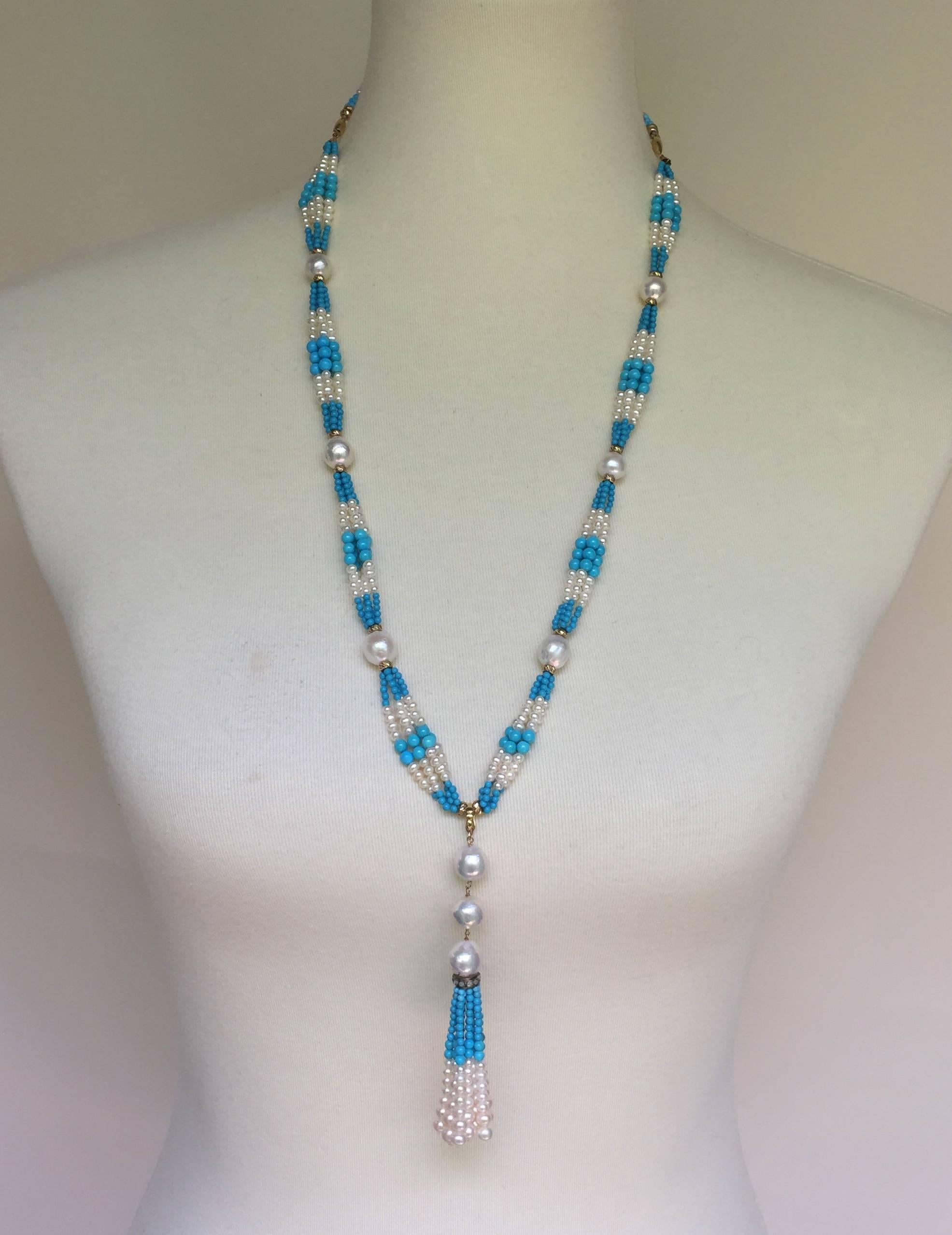 Artist Marina J. Cluster Pearl & Turquoise Long Sautoir with 14k Yellow Gold and Tassel