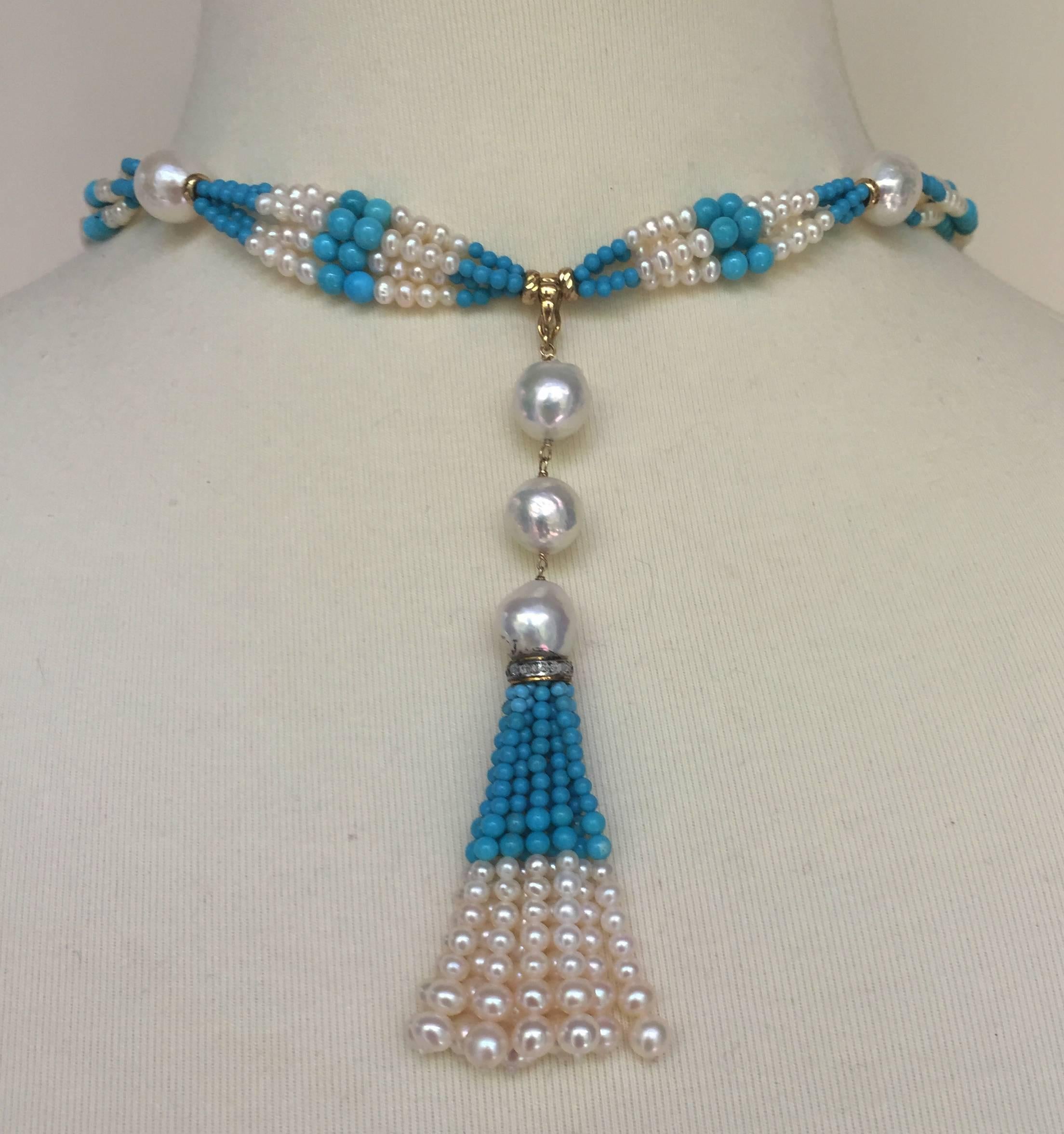 Marina J. Cluster Pearl & Turquoise Long Sautoir with 14k Yellow Gold and Tassel In New Condition In Los Angeles, CA