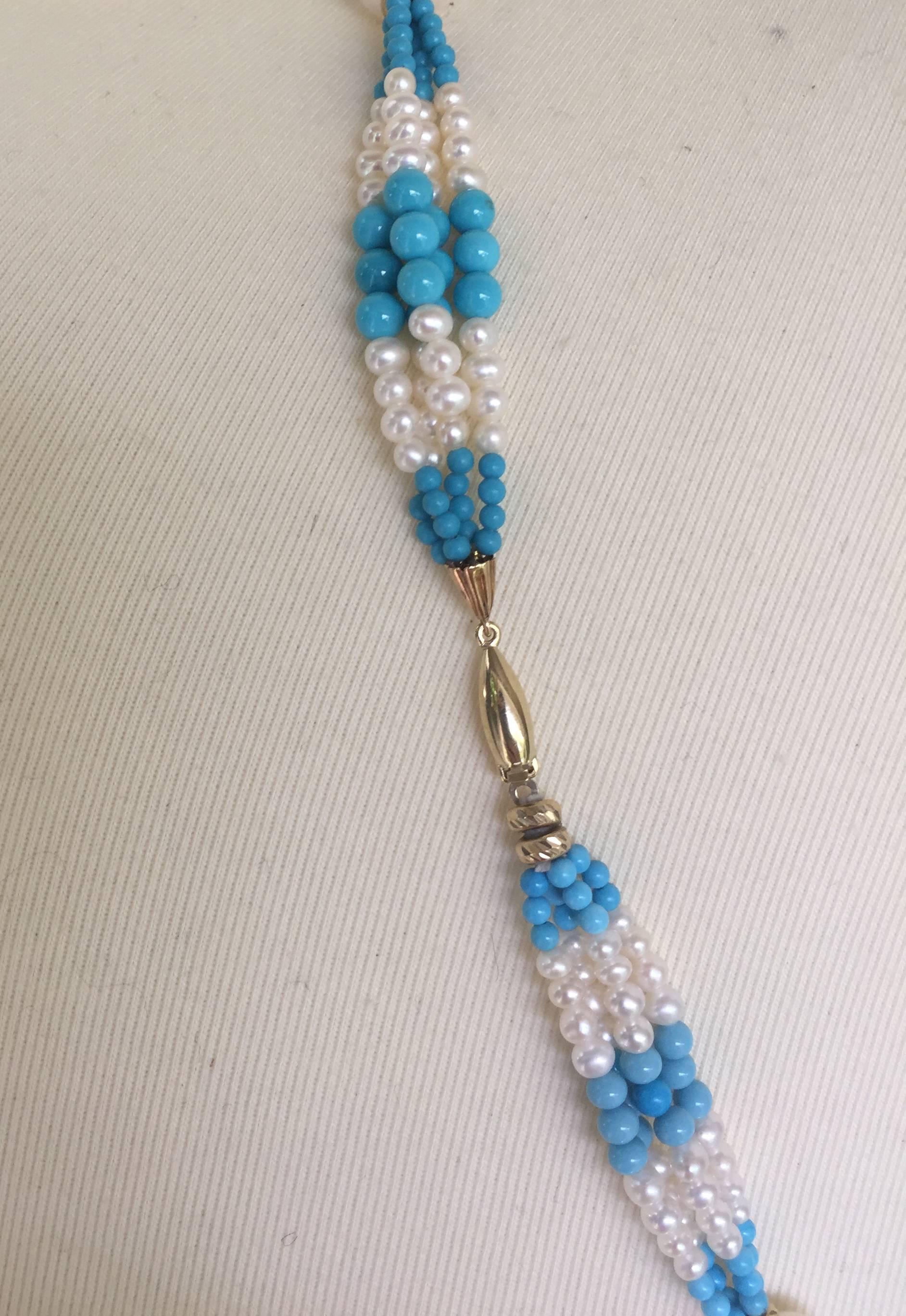 Marina J. Cluster Pearl & Turquoise Long Sautoir with 14k Yellow Gold and Tassel 1