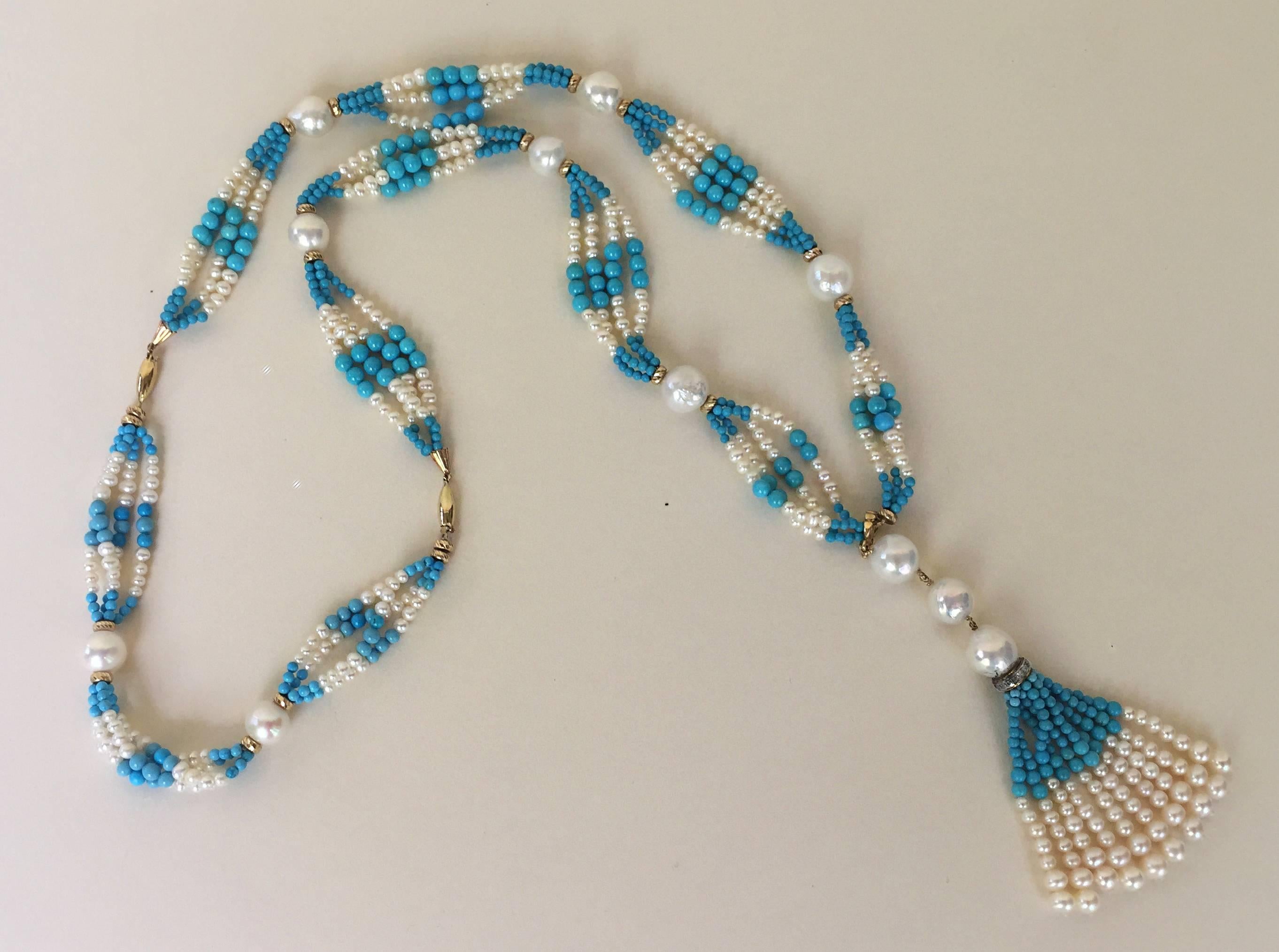 Marina J. Cluster Pearl & Turquoise Long Sautoir with 14k Yellow Gold and Tassel 2
