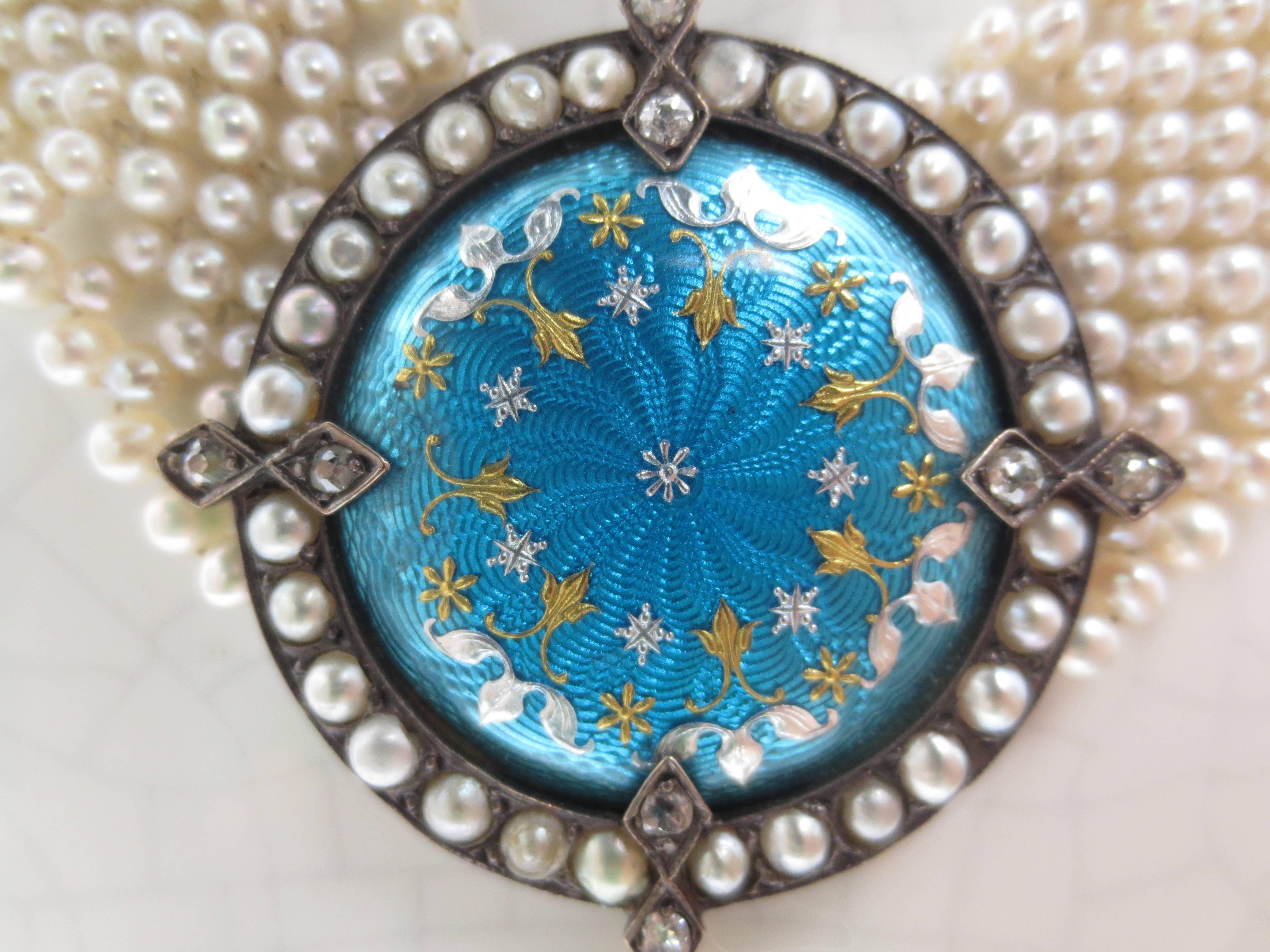 Artist Marina J. Unique Woven Pearl Necklace with Vintage Blue Enamel Centerpiece For Sale