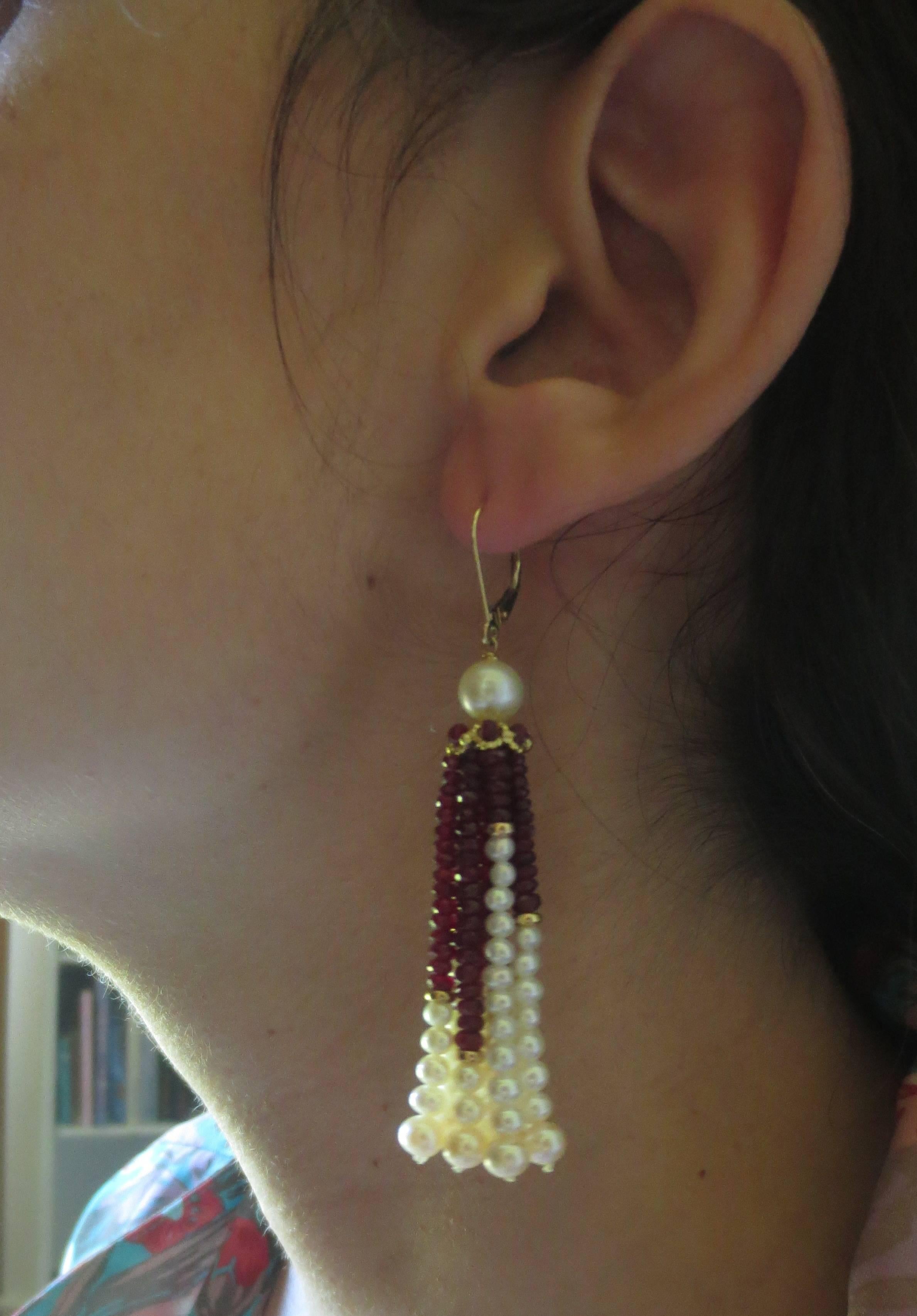 Women's Marina J. Elegant Pearl Ruby Gold Tassel Earrings
