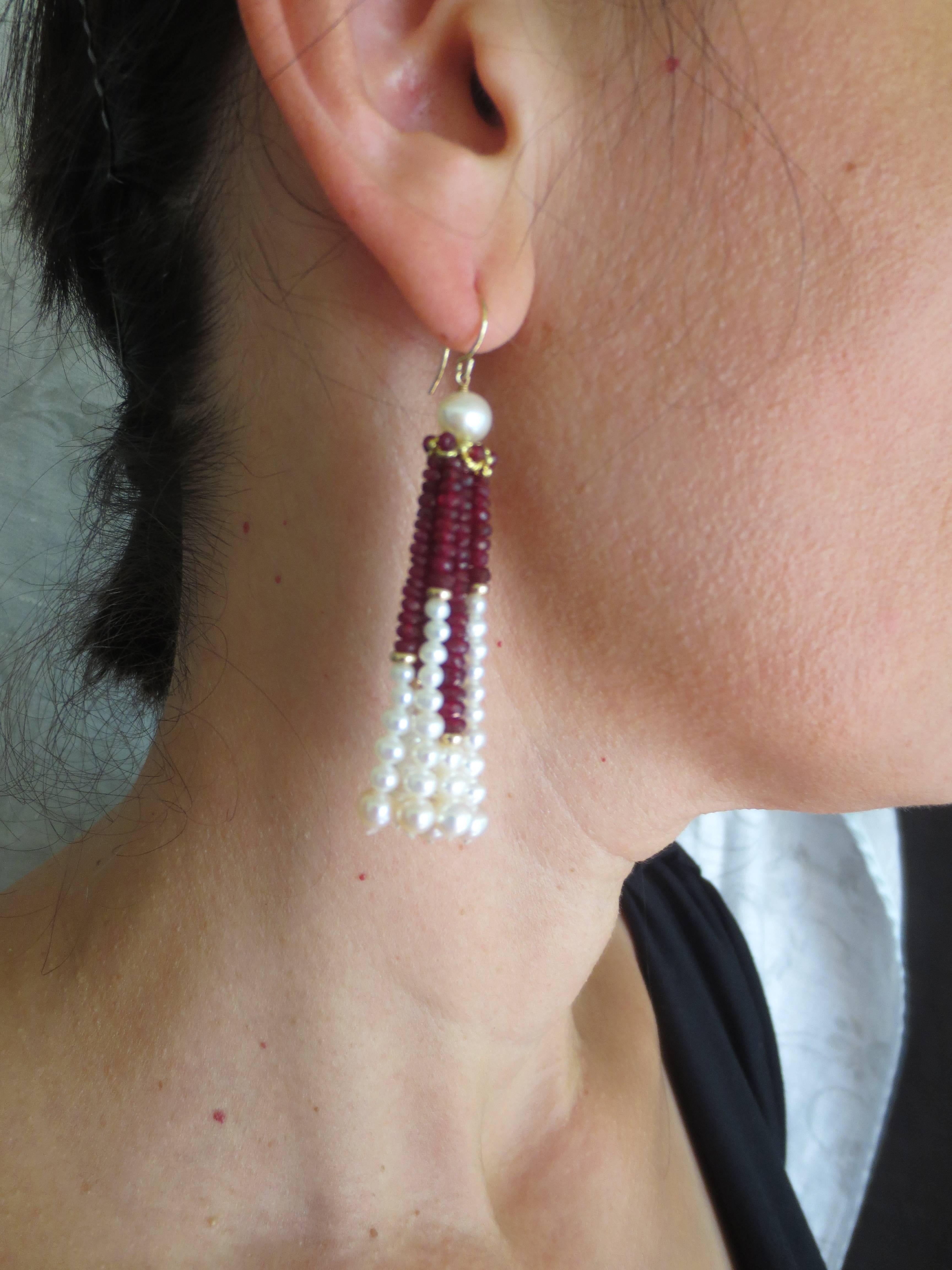 Marina J. Elegant Pearl Ruby Gold Tassel Earrings 1