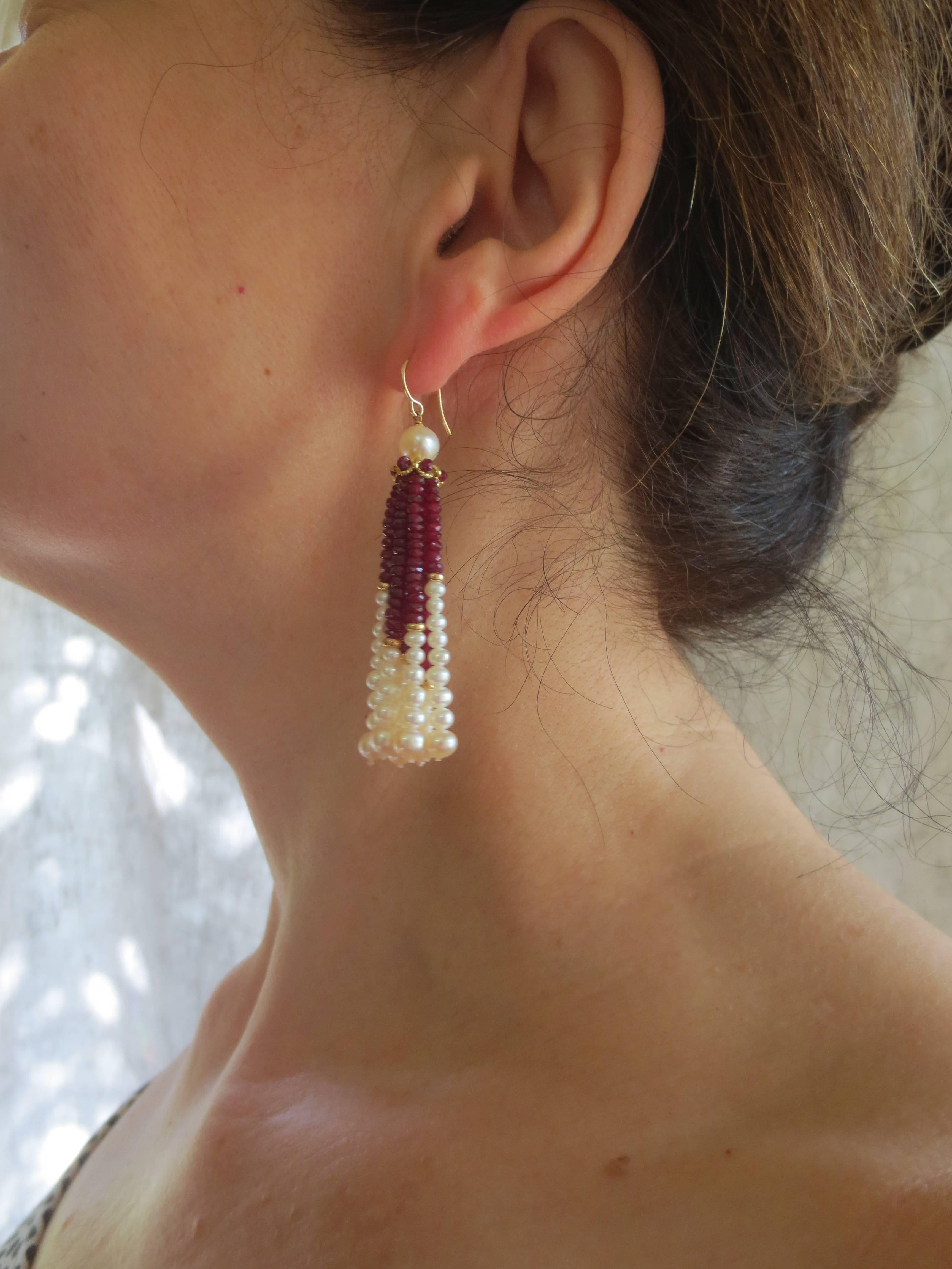 Marina J. Elegant Pearl Ruby Gold Tassel Earrings 2