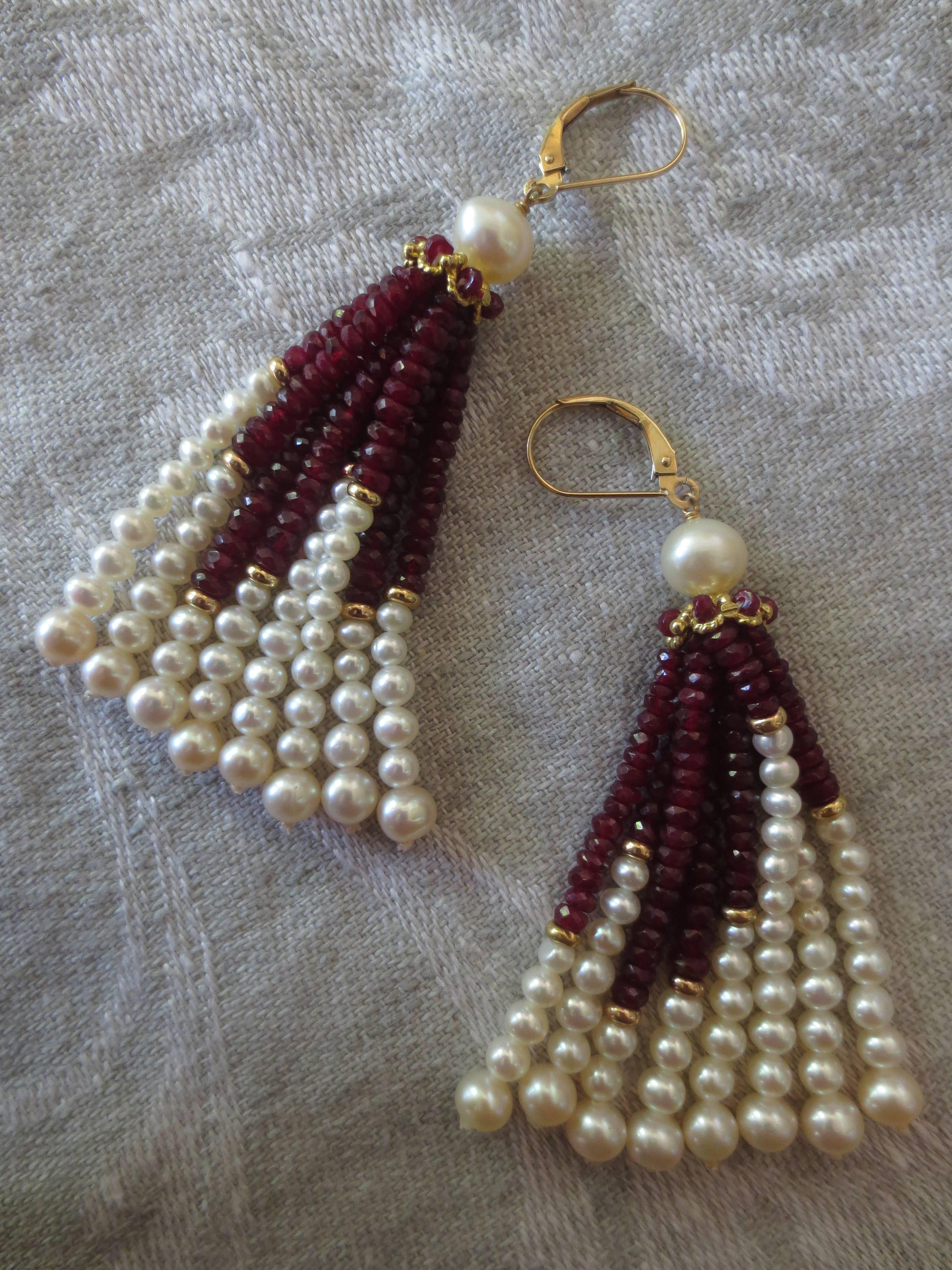 Marina J. Elegant Pearl Ruby Gold Tassel Earrings 3