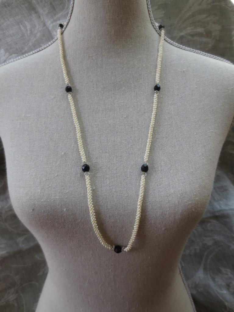 Woven Pearl & Onyx Bead Rope Lariat Necklace w. Large Baroque Pearl & Tassel 2