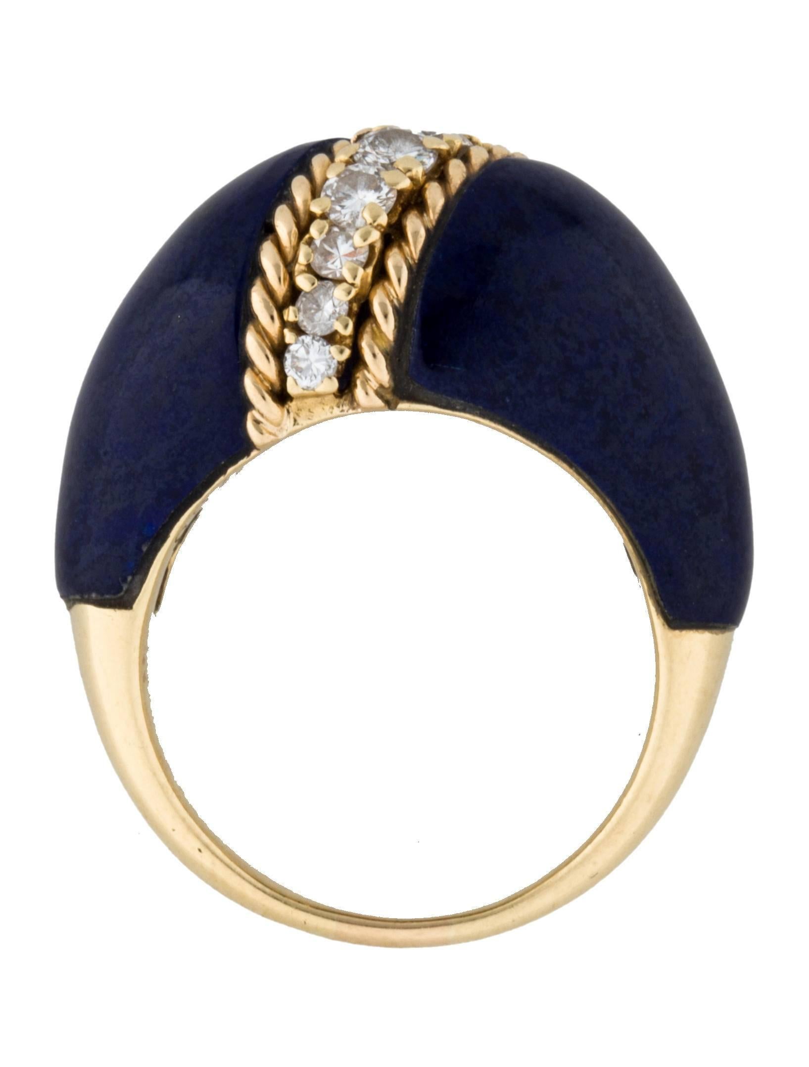 18K yellow gold Van Cleef & Arpels Vintage dome cocktail ring with carved lapis lazuli featuring round brilliant diamond accents.

Ring Size: 7.5
Metal Type: 18K Yellow Gold
Hallmark: 18K, Brand Hallmark
Signature: Van Cleef & Arpels
Location: