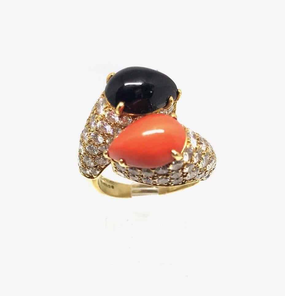Cartier Diamond Coral and Onyx Gold Crossover Ring  For Sale 1