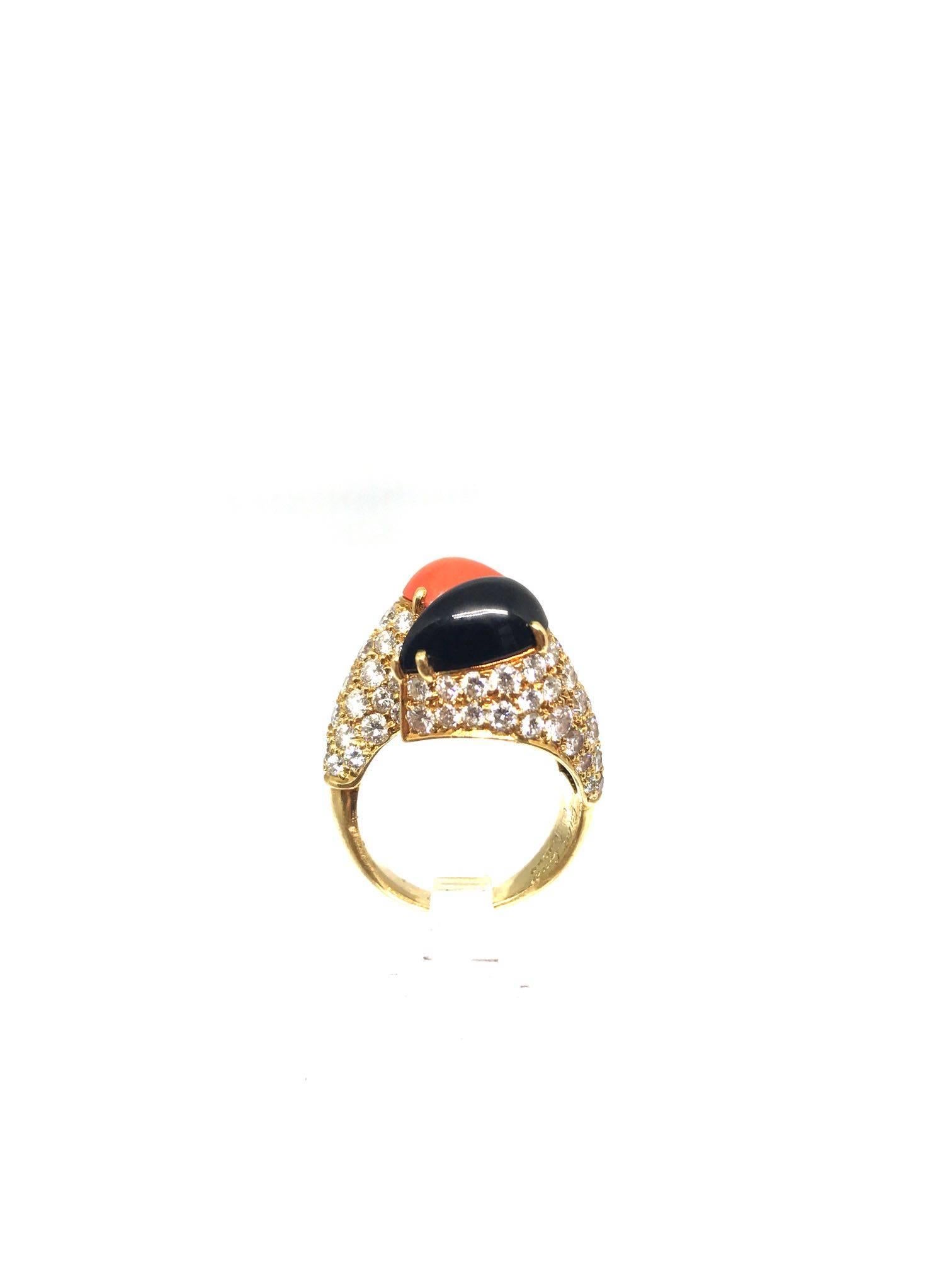 Cartier Diamond Coral and Onyx Gold Crossover Ring  In Excellent Condition For Sale In New York, NY