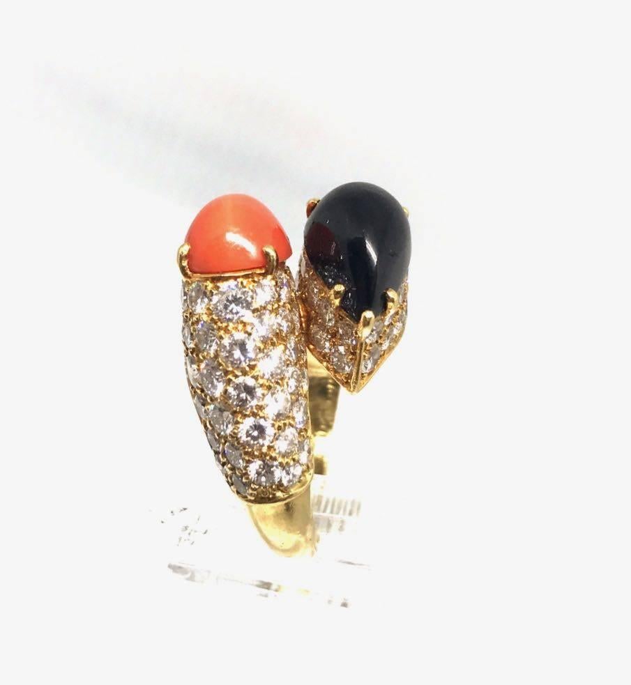 Women's Cartier Diamond Coral and Onyx Gold Crossover Ring  For Sale