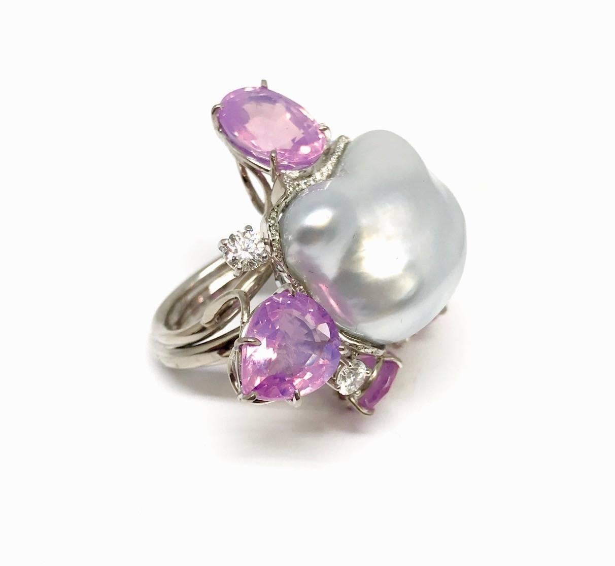 Milky Spinel Pearl and Diamond Ring In New Condition In New York, NY