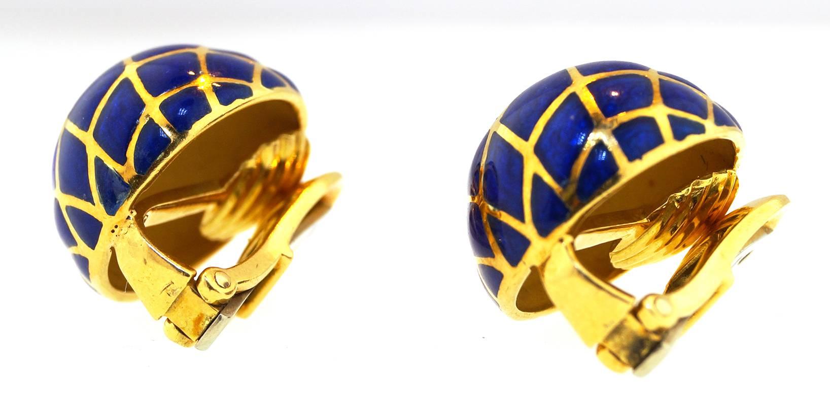 Women's David Webb Blue Enamel Gold Dome earrings