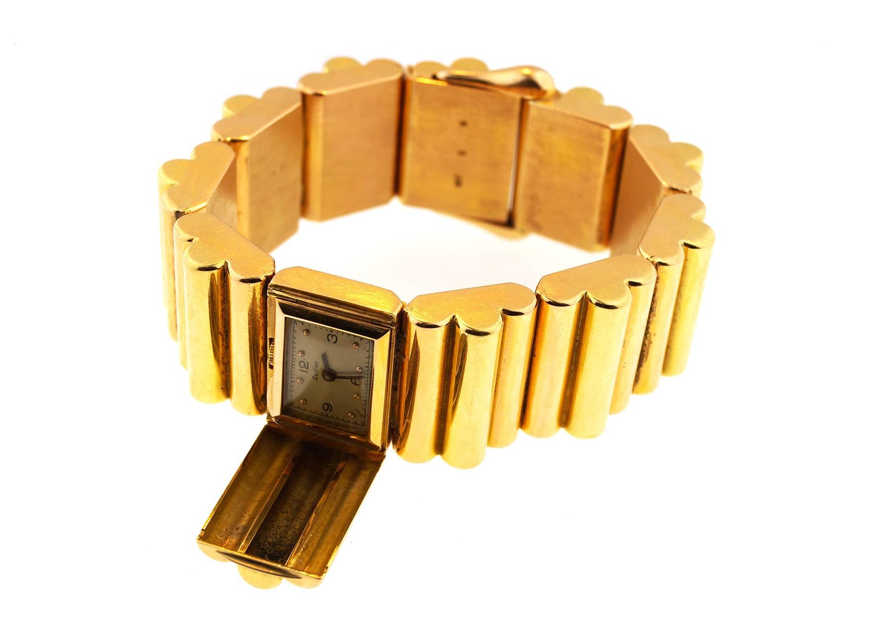 Art Deco Zodiac Yellow Gold Tank Secret Bracelet Wristwatch For Sale