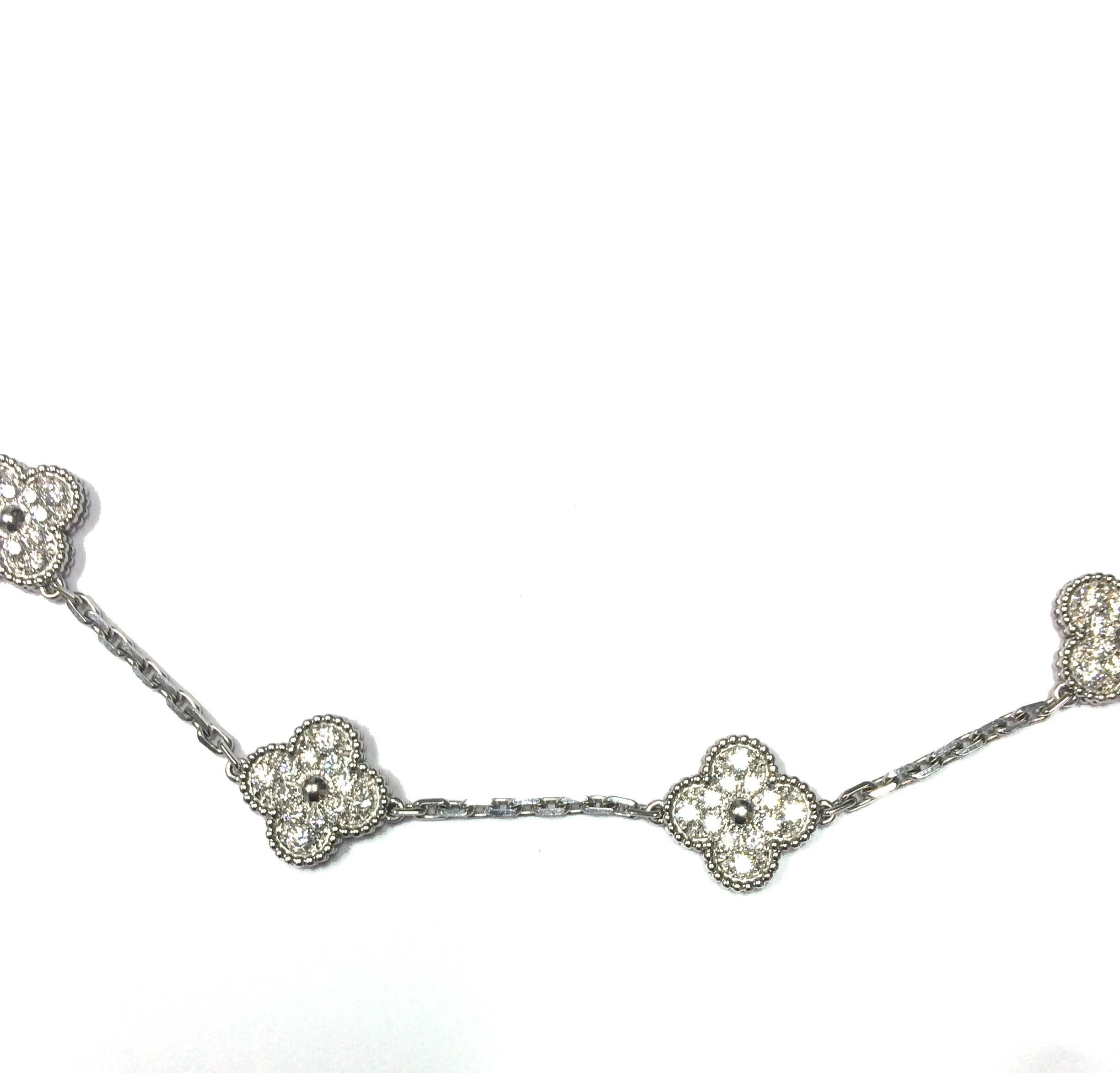 Vintage Alhambra long Diamond Necklace 20 Motifs in 18kt white gold with pavé-set diamonds clovers. 9.66 total carats of diamonds. 14mm diameter each clover (approximately 9/16