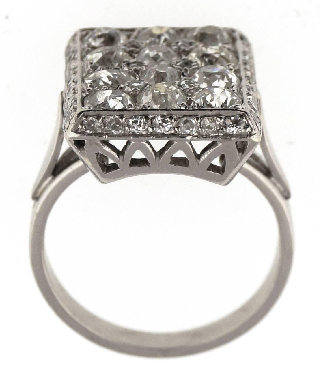 Women's Art Deco French Diamond Platinum Tablet Ring