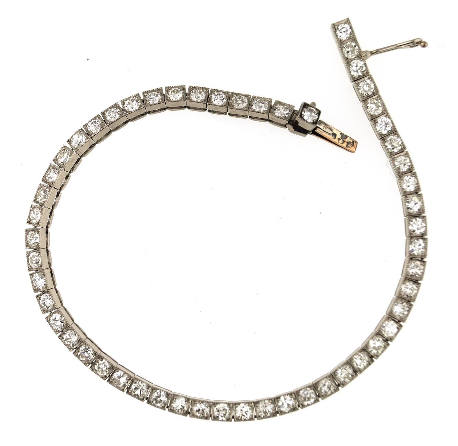  This beautiful Tennis  bracelet  by Cartier features 53 diamonds for an aproximate total weight of 6cts.
The bracelet features a hidden clasp with a safety.
This elegant  and quite rare bracelet is perfect for everyday wear but is also a