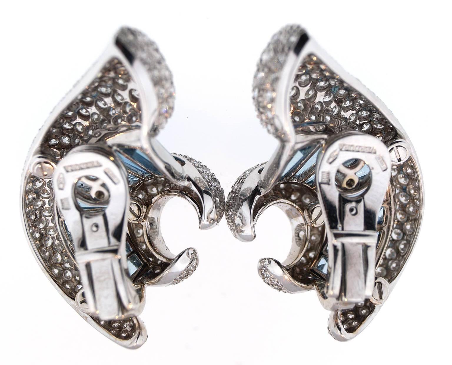 Verdura Diamond  Baguette Aquamarine Swirl  Ear Clips In New Condition In New York, NY