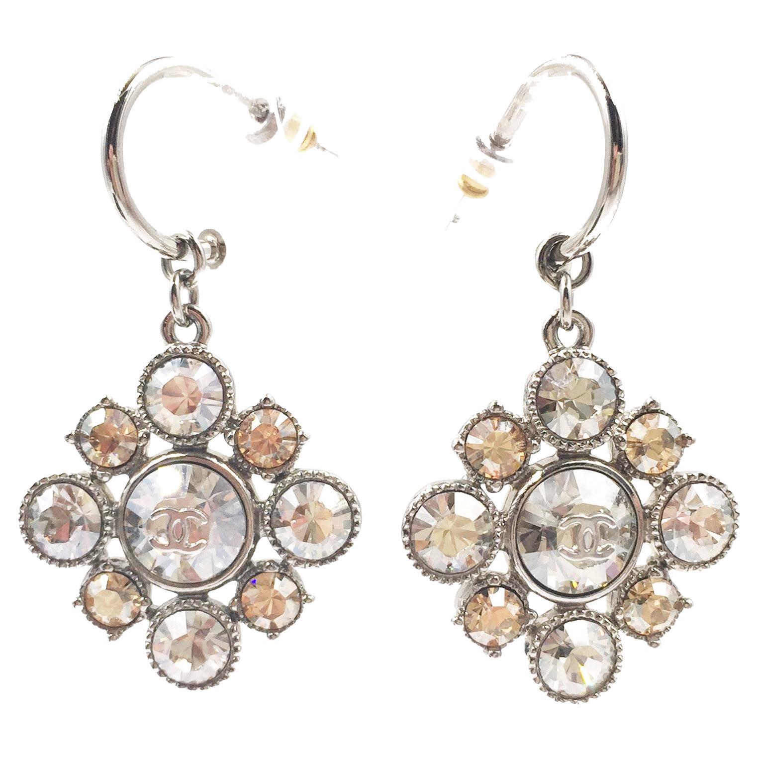 Chanel Silver CC Argyle Crystal Hoop Piercing Earrings For Sale