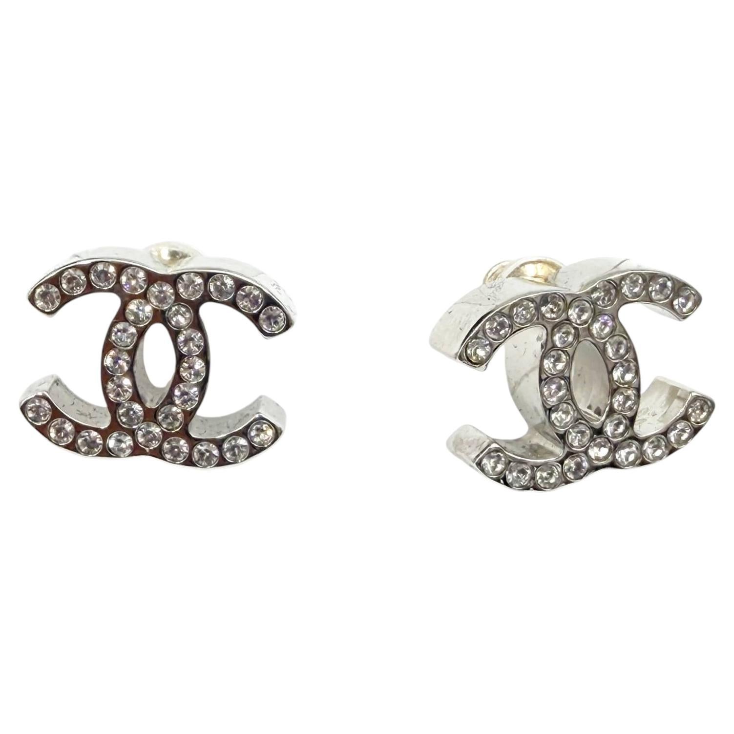 Chanel Brand New Silver Classic CC Crystal Piercing Earrings For Sale