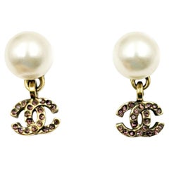 Chanel Vintage Pearl Gold Plated CC Fuchsia Crystal Piercing Earrings