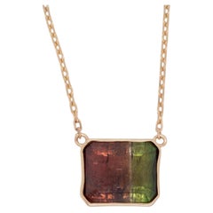 5.4Ct Bi-Color Tourmaline Necklace in Solid 14K Gold, Bezel Setting Emerald Cut
