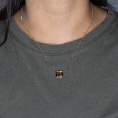 5.4Ct Bi-Color Tourmaline Necklace in Solid 14K Gold, Bezel Setting Emerald Cut